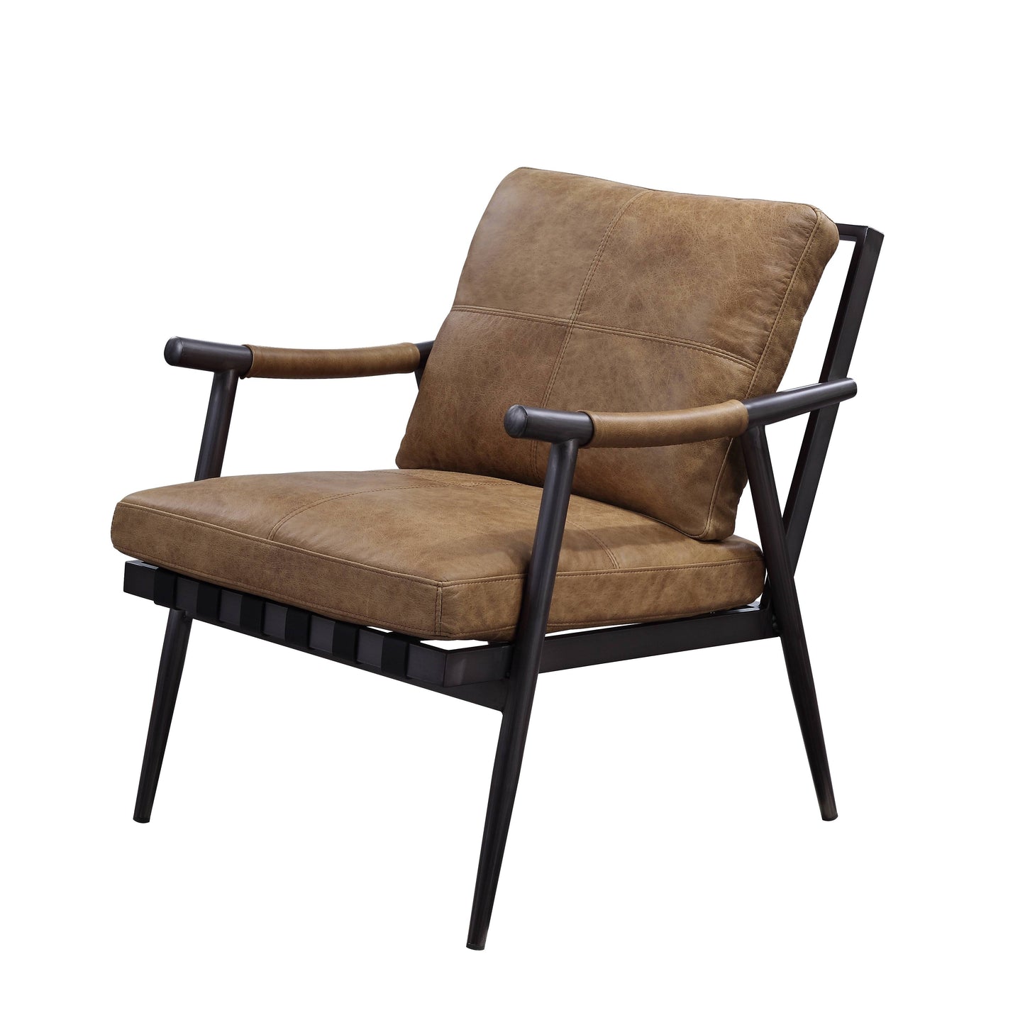 Brown leather accent chair with dark wood frame and tapered legs