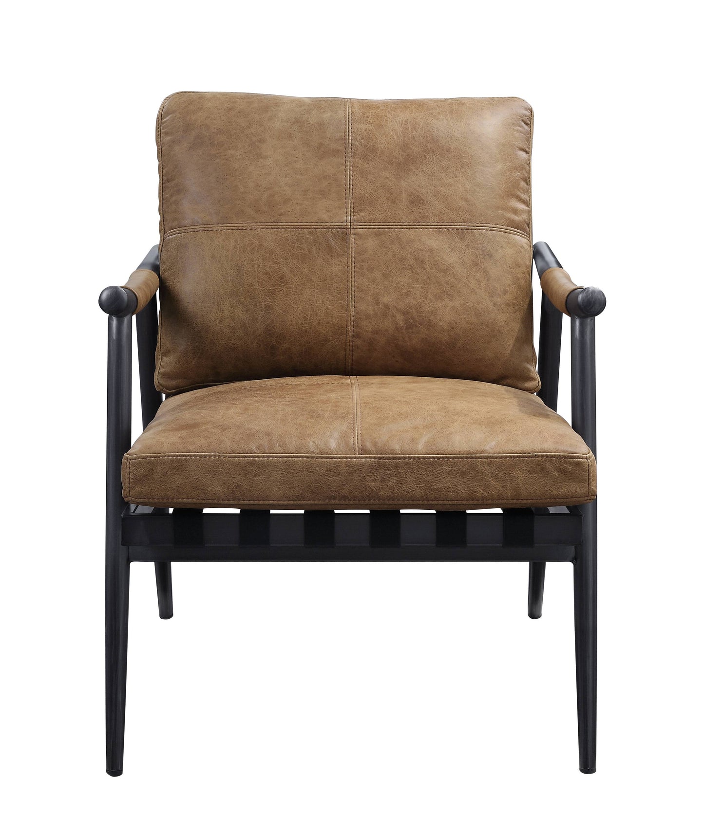 Brown leather accent chair with dark metal frame and armrests
