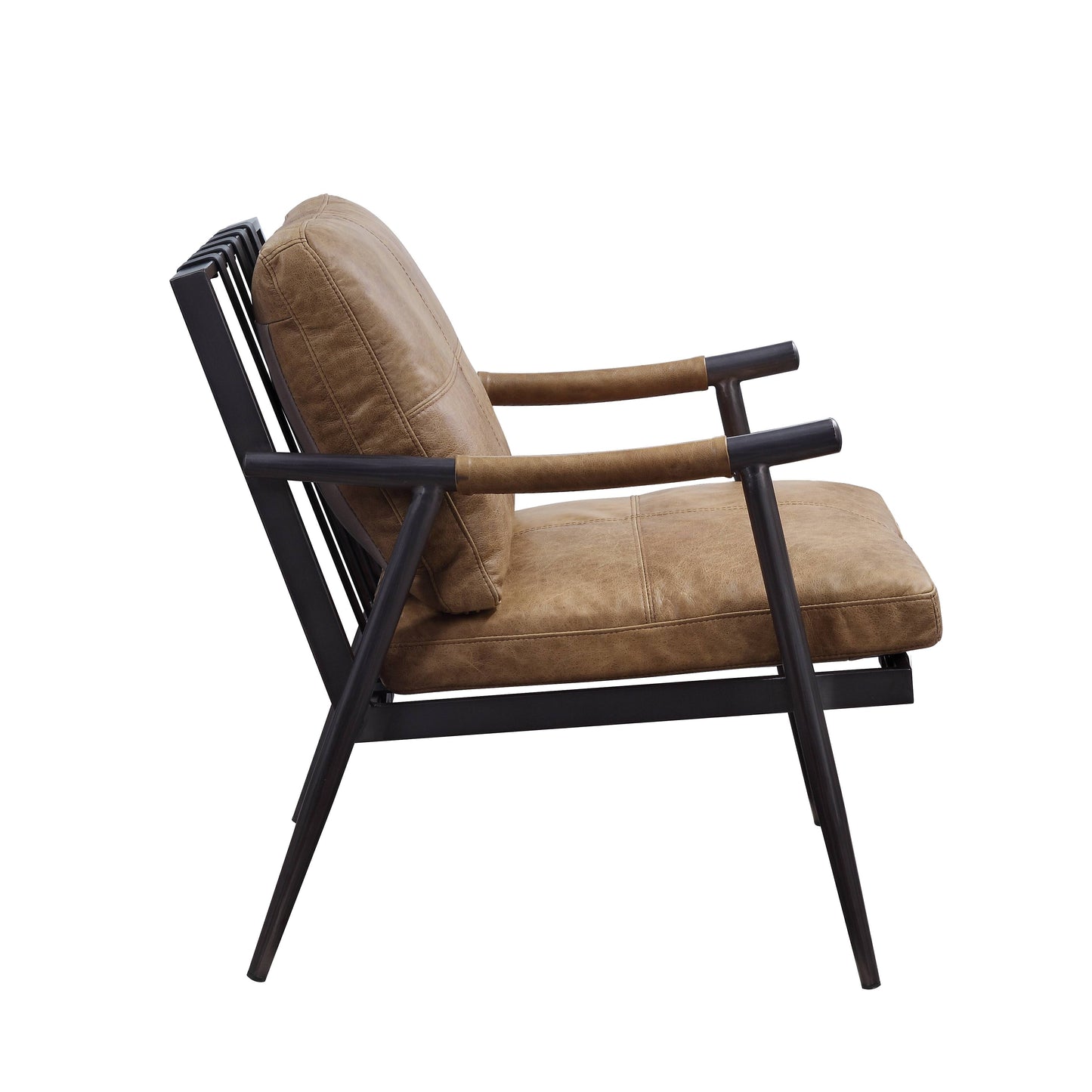 Modern accent chair with distressed brown faux leather upholstery and black metal frame