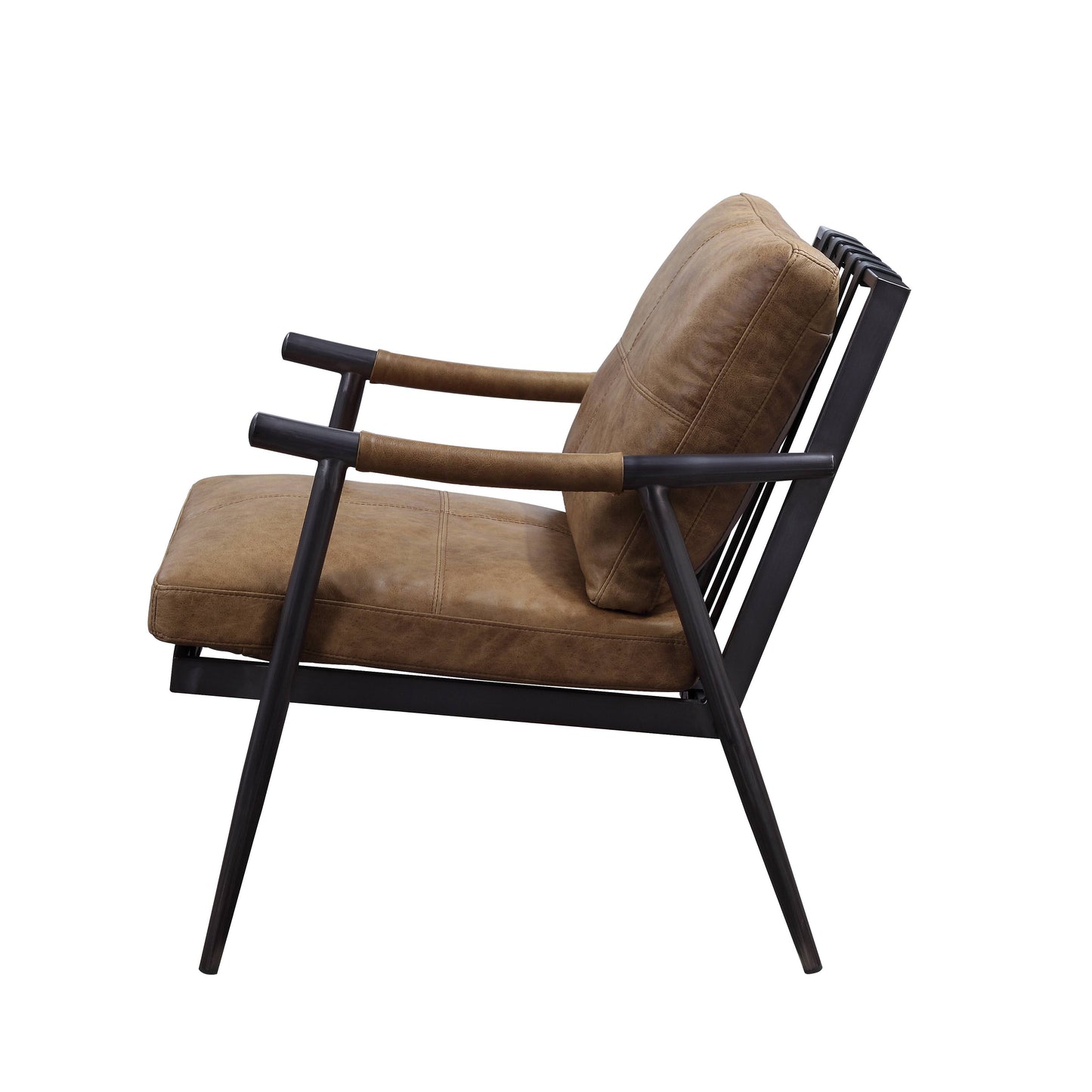 Tan leather armchair with black metal frame and arms midcentury modern design
