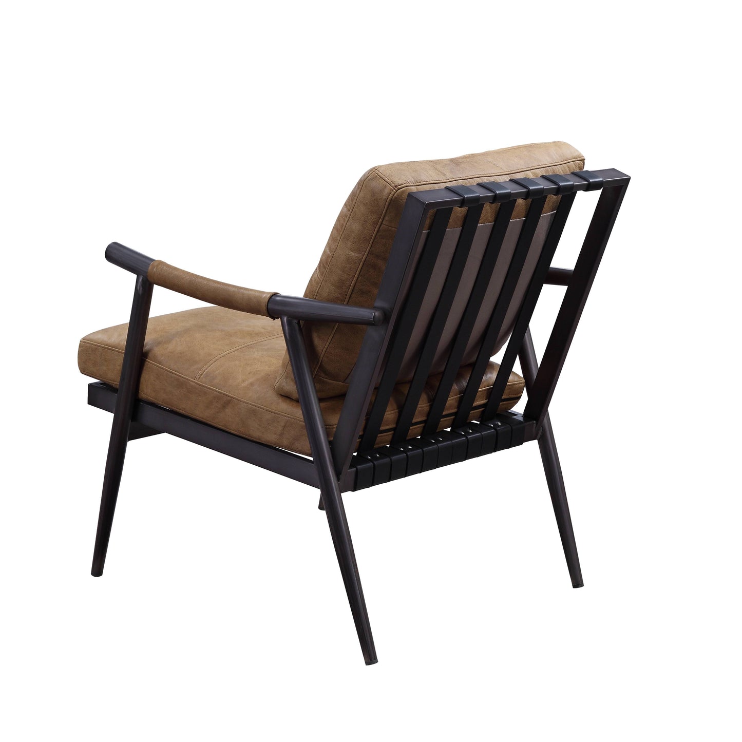 Brown leather accent chair with a dark metal frame and slatted back perfect for modern living rooms