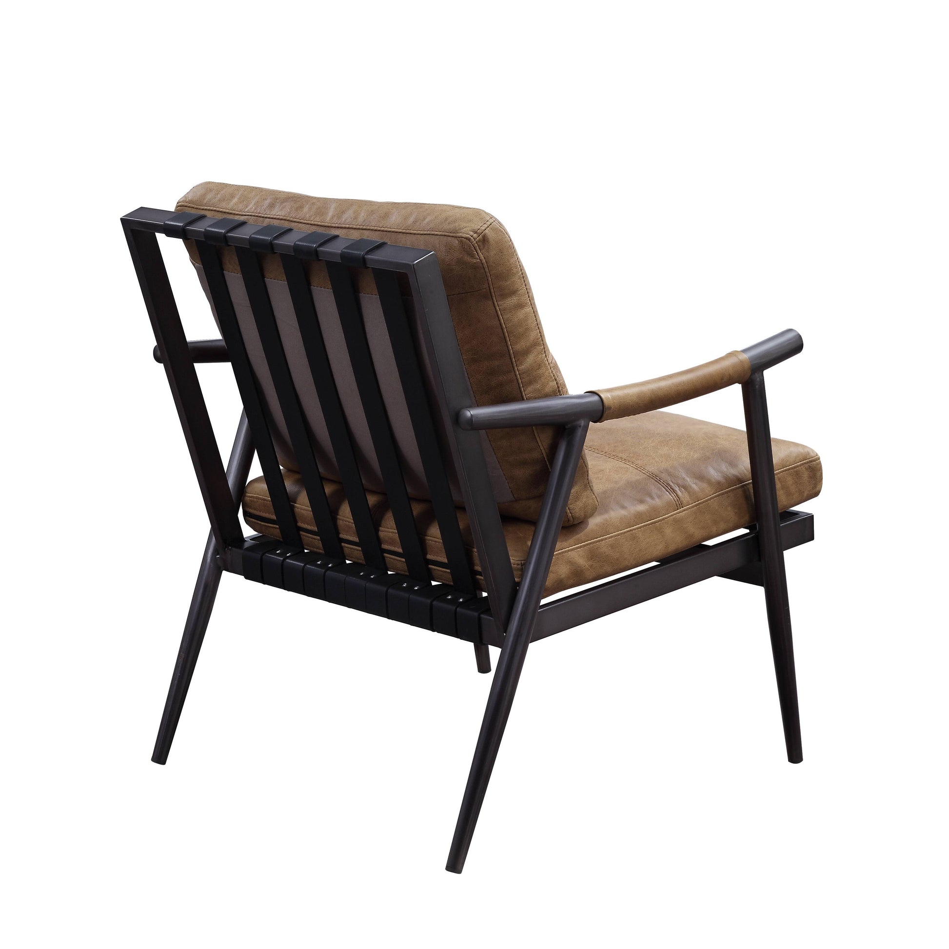 Tan leather accent chair with dark metal frame and slatted back detail
