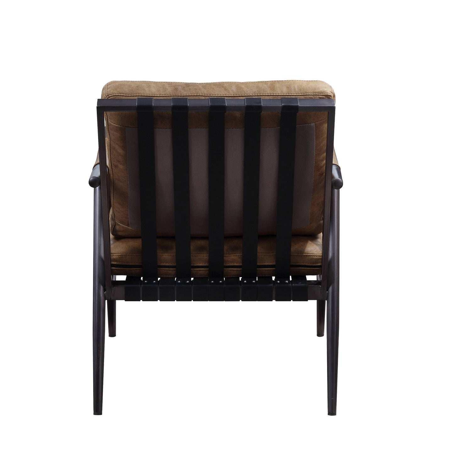 Brown leather armchair with black metal frame and strapping modern lounge chair