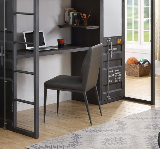 Gray upholstered desk chair with metal legs in a home office setting