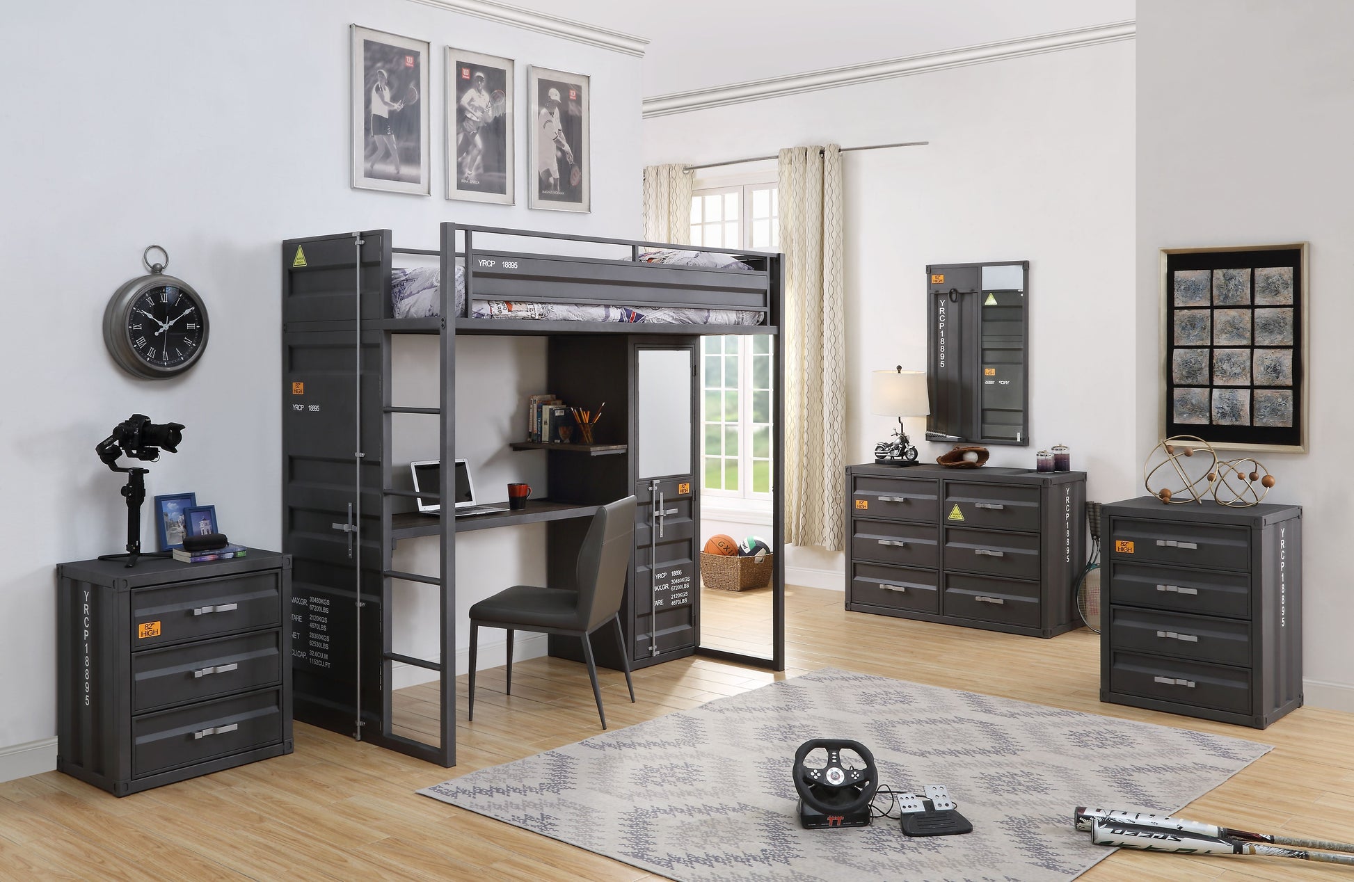 Gray metal loft bed with integrated desk and ladder industrial design