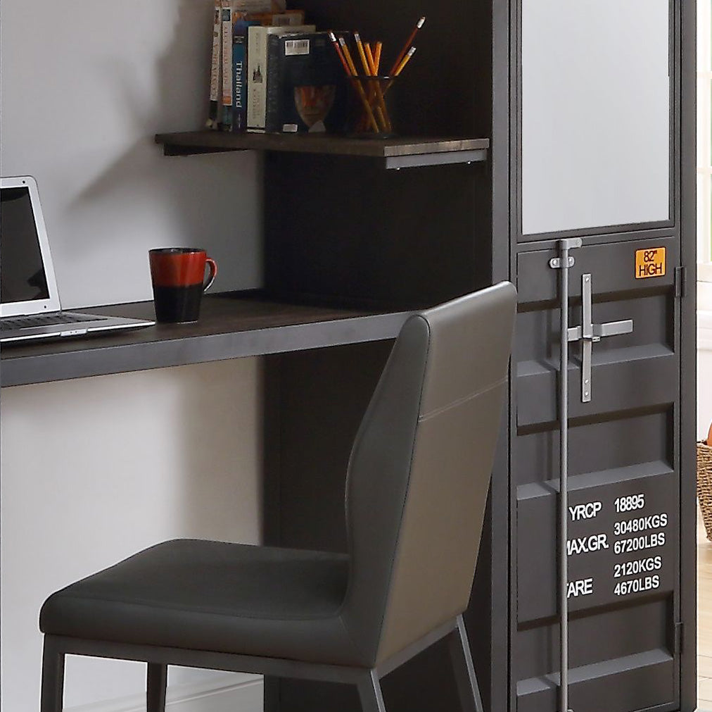 Gray upholstered desk chair with metal frame and wood desk