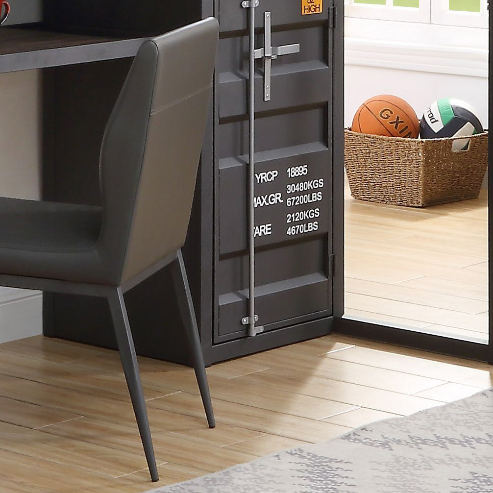 Gray upholstered office chair with metal legs beside a dark gray industrial storage cabinet