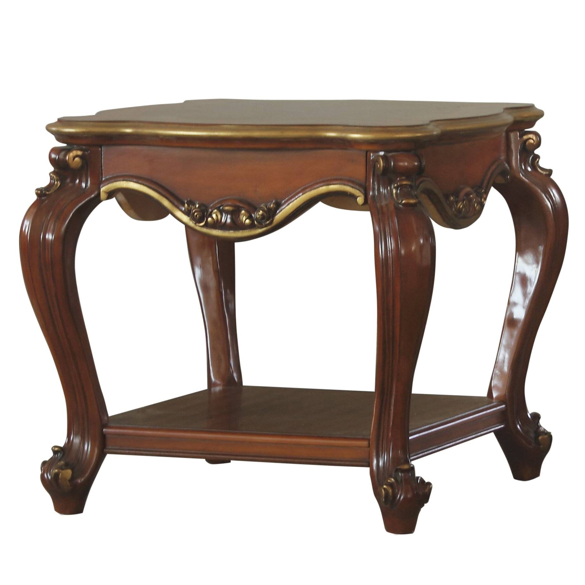 Ornate dark wood end table with gold trim and carved cabriole legs
