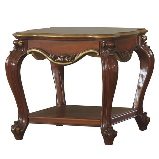Ornate dark wood end table with gold trim and carved cabriole legs
