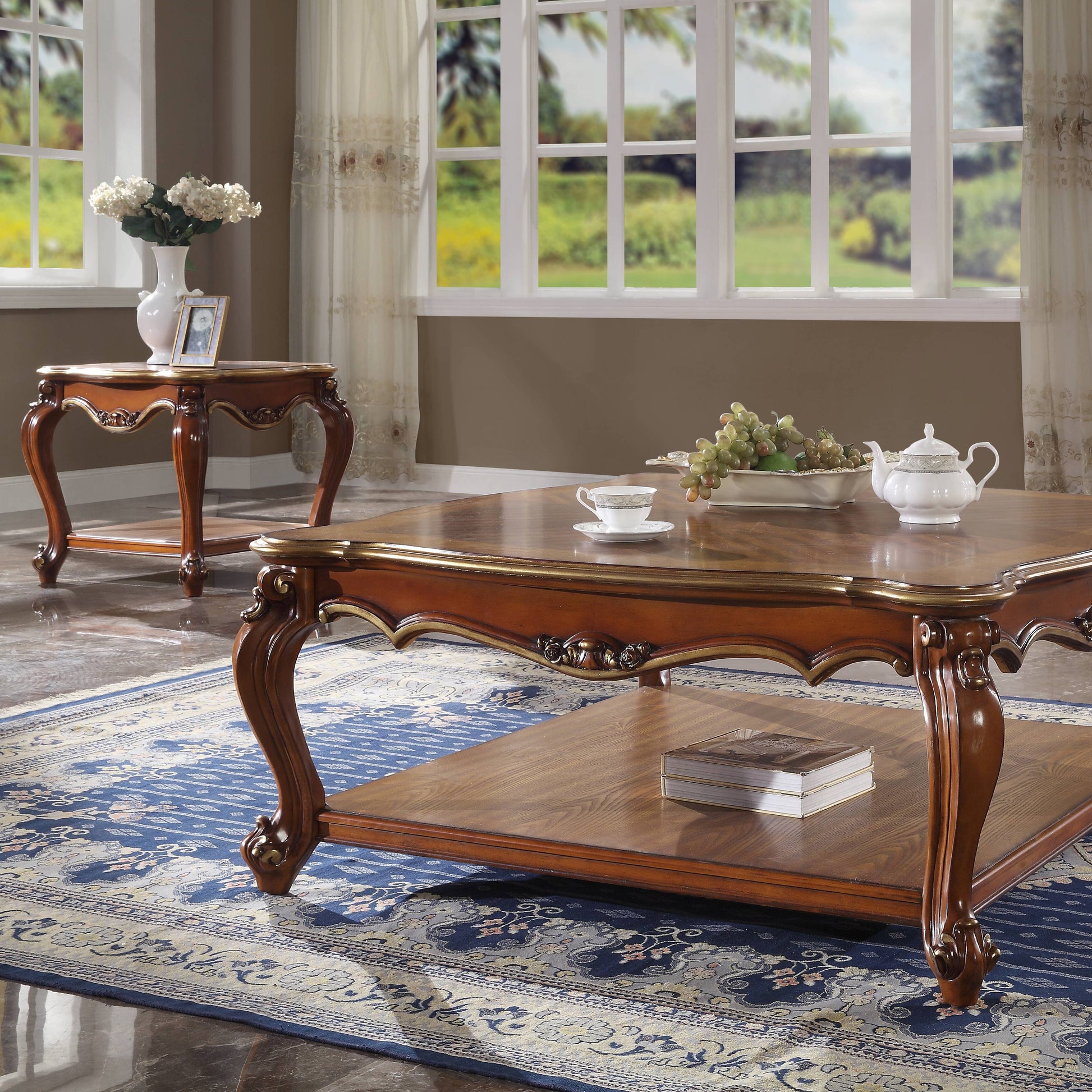 Ornate wooden coffee table with lower shelf ideal for living room accents