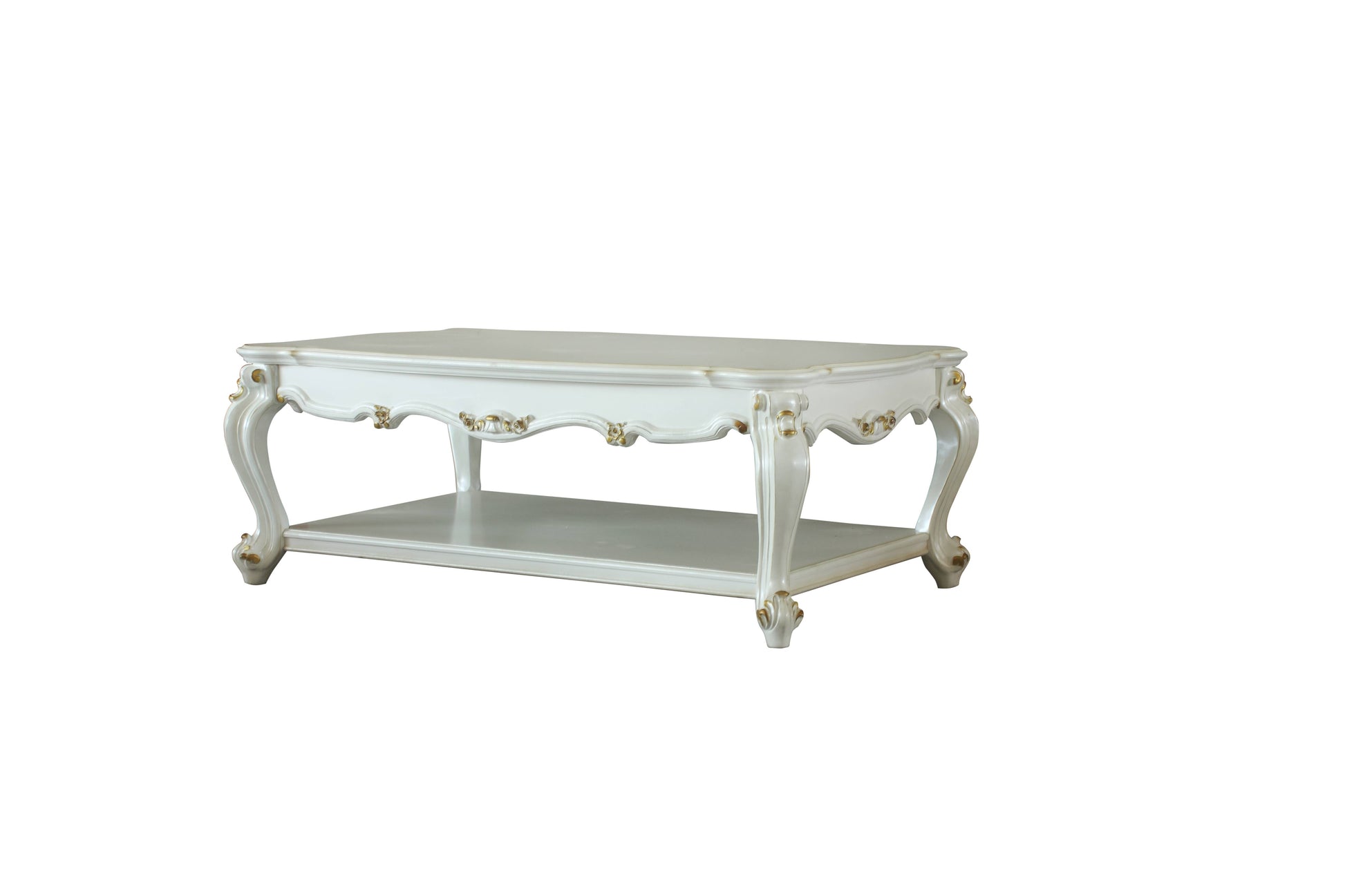 White ornate coffee table with gold accents and a lower shelf