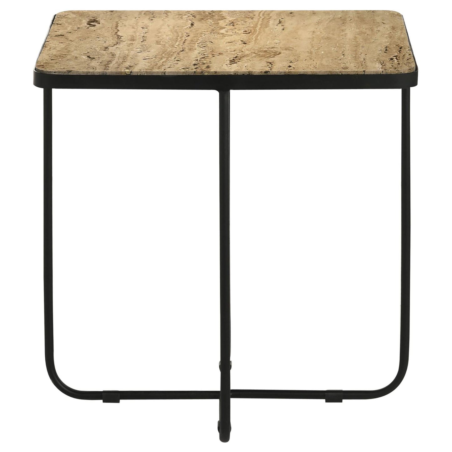 Travertine top side table with black metal frame elegant and modern design