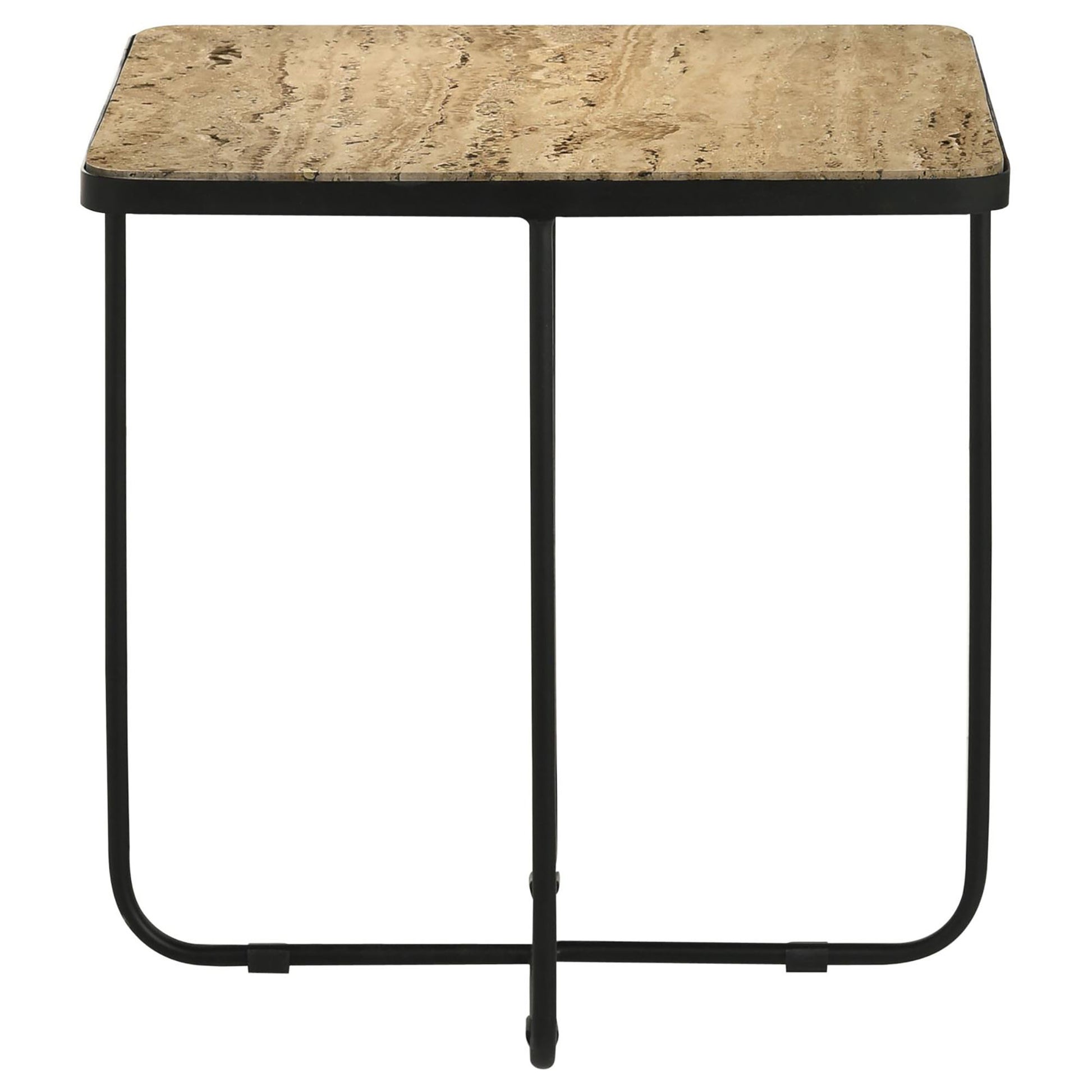 Travertine top side table with black metal frame elegant and modern design