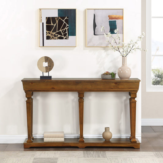 Rustic wood console table with turned legs and shelf