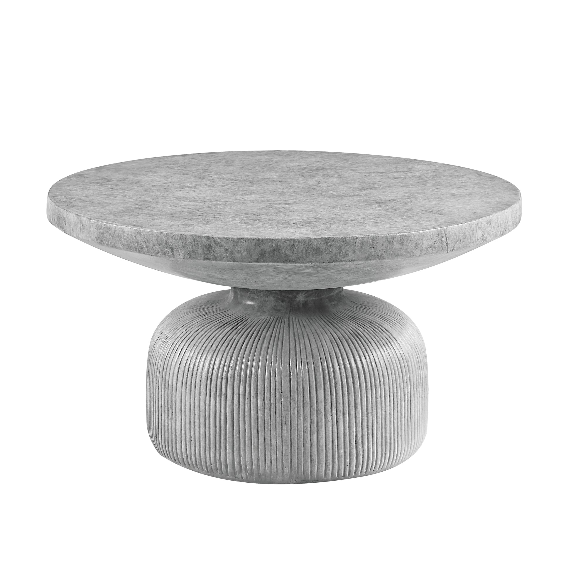 Modern gray concrete side table with ribbed pedestal base and round top perfect for living rooms
