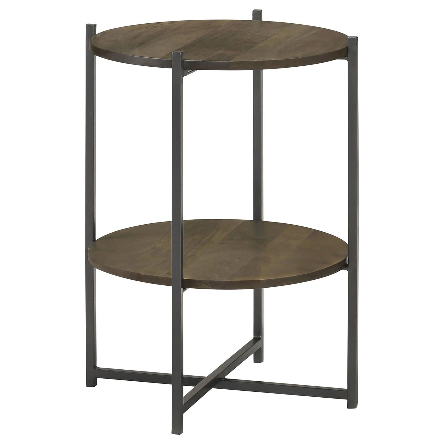 Round wood end table with two tiers and a dark metal frame perfect for small spaces