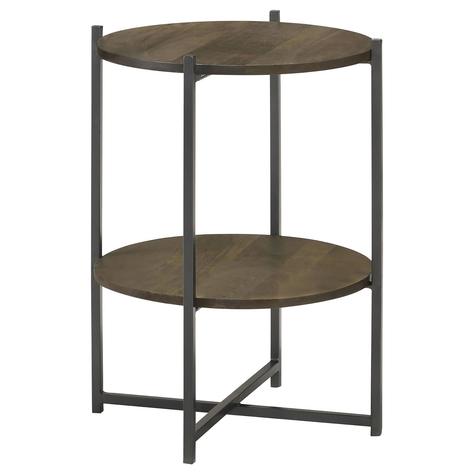 Round wood end table with two tiers and a dark metal frame perfect for small spaces