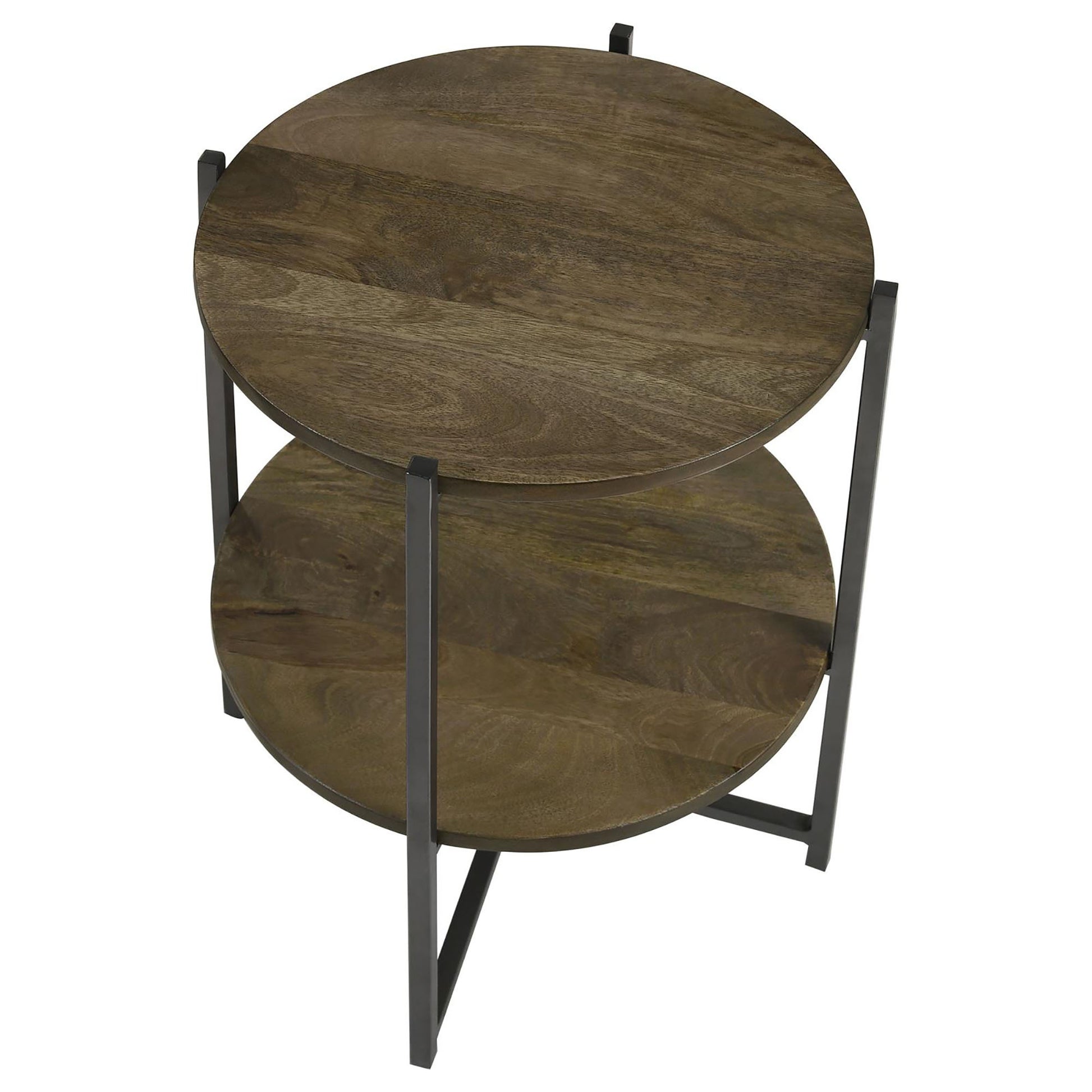 Twotier round accent table with natural wood grain tops and dark metal legs