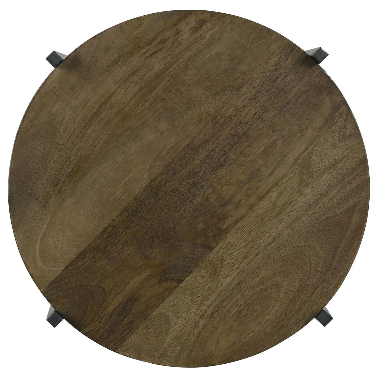Rustic round wooden coffee table with dark stain and black metal legs