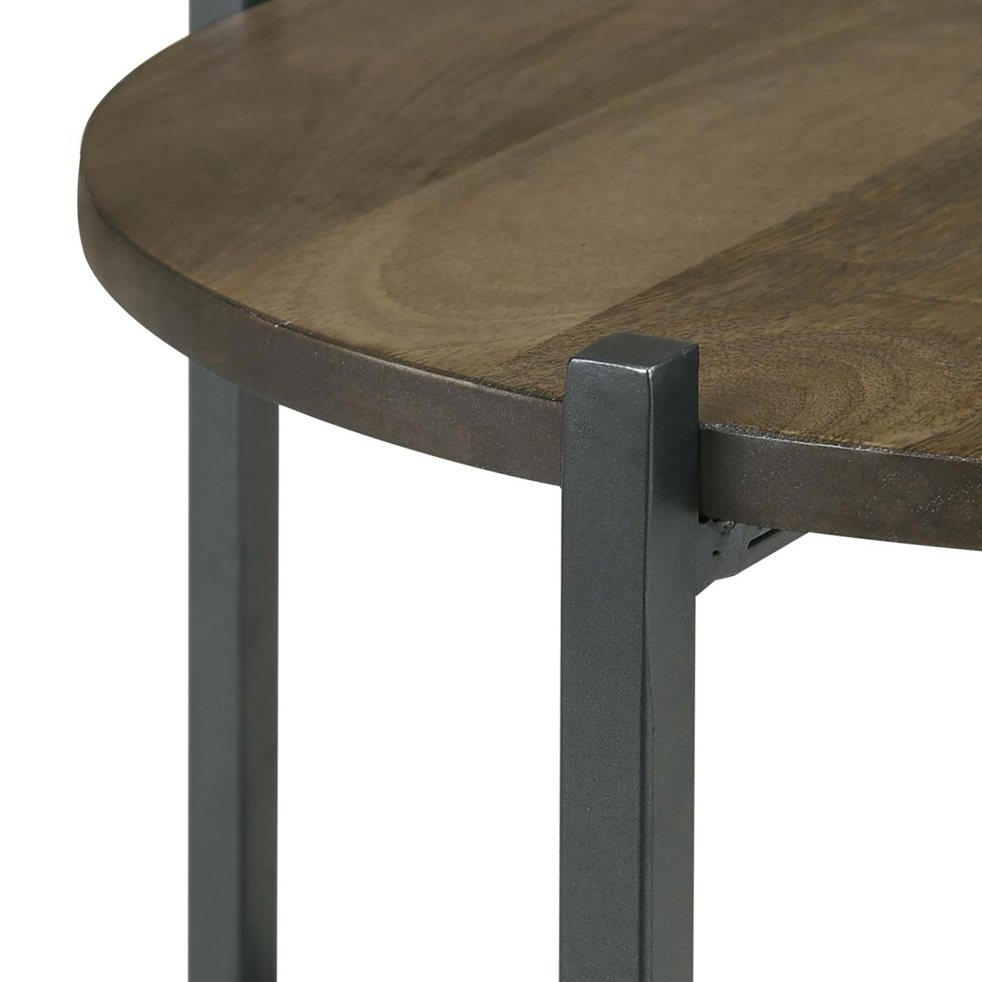 Round wooden side table with dark metal legs and a rustic wood grain finish
