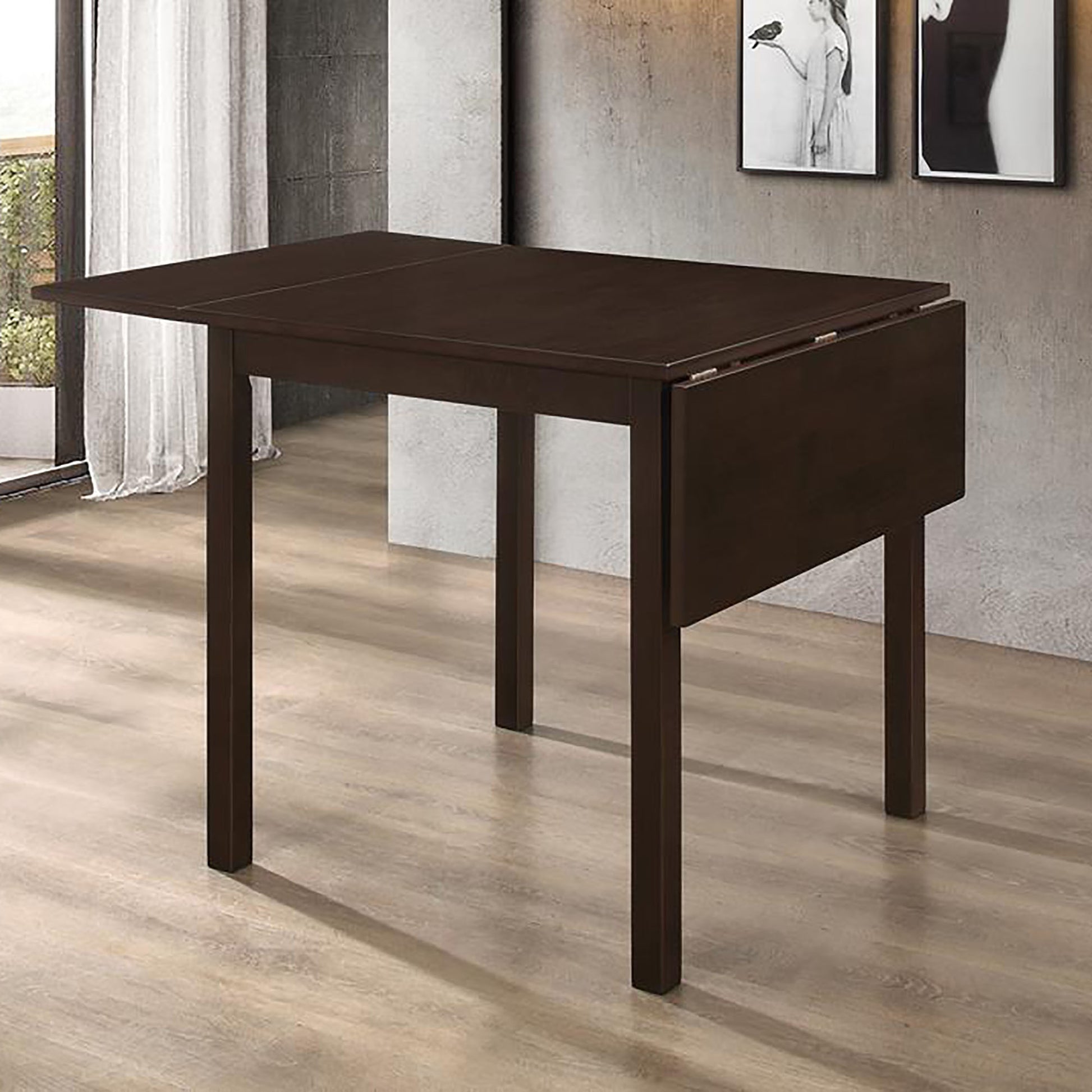 Espresso drop leaf dining table with clean lines perfect for small spaces