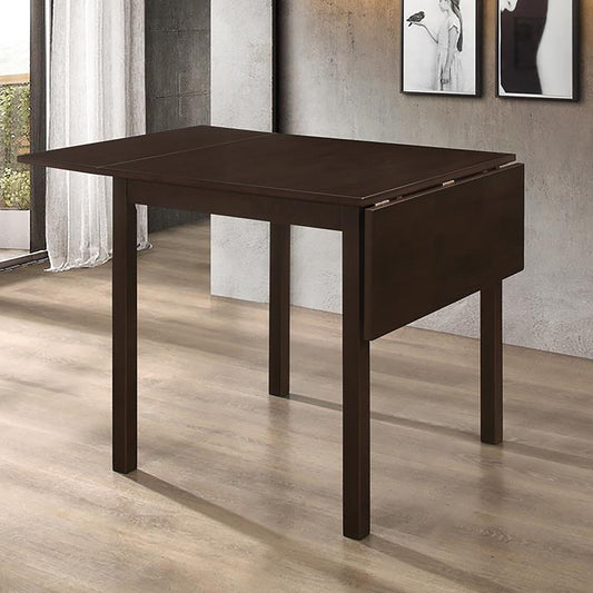 Espresso drop leaf dining table with clean lines perfect for small spaces
