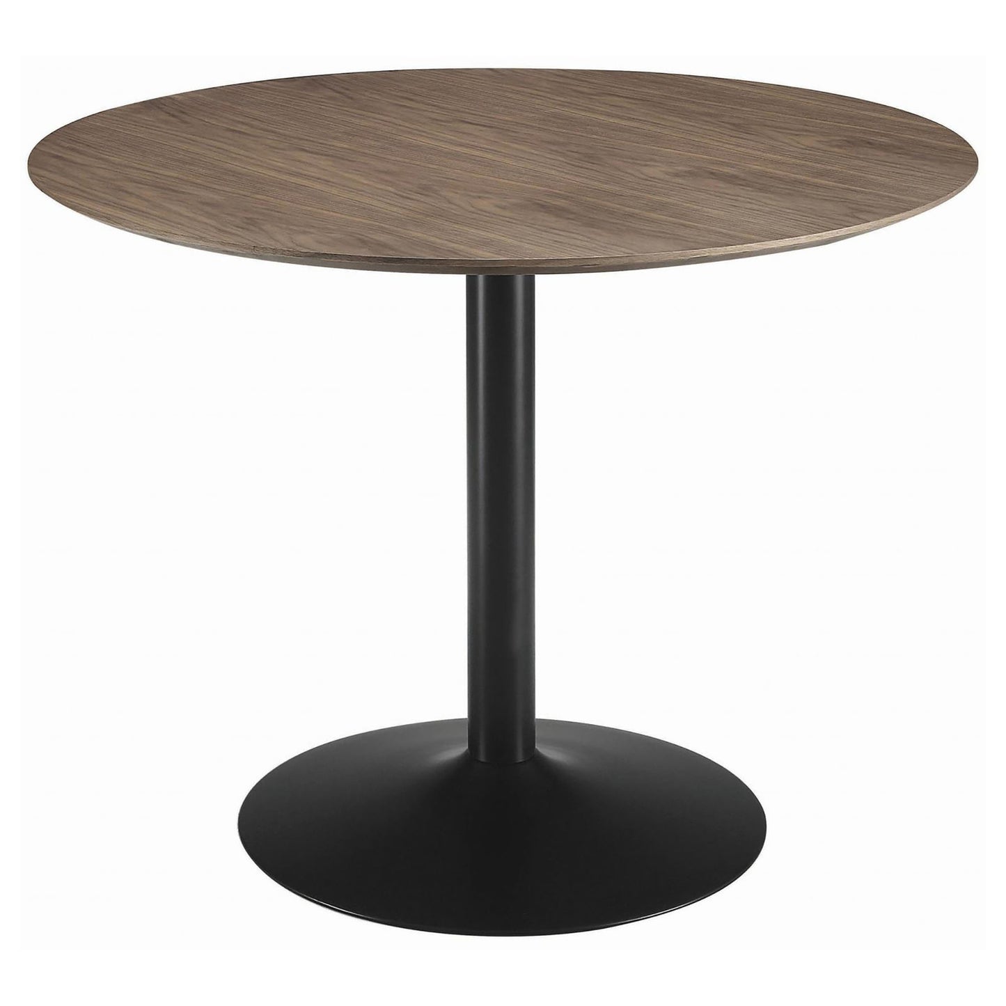 Round walnut veneer dining table with black pedestal base modern style