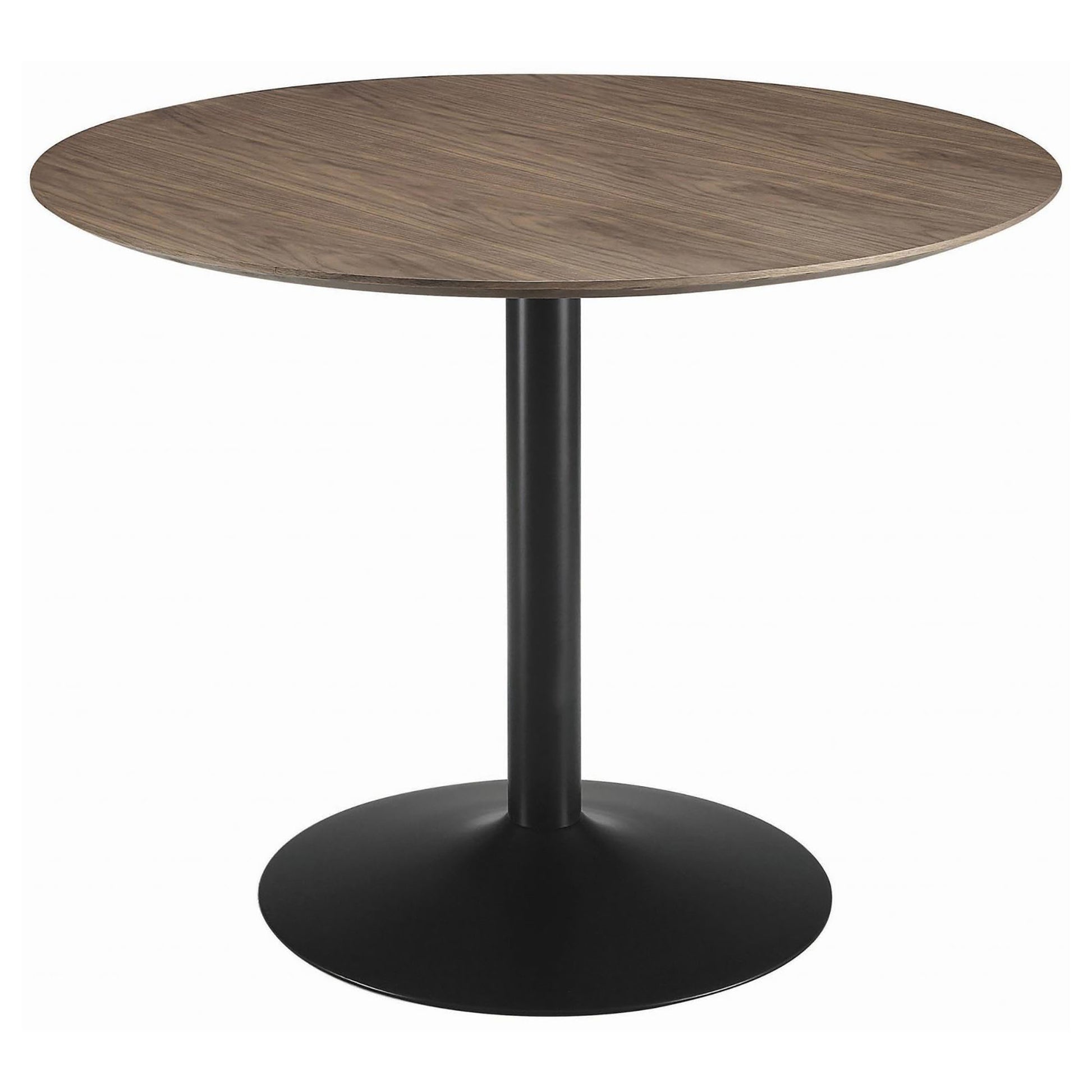 Round walnut veneer dining table with black pedestal base modern style