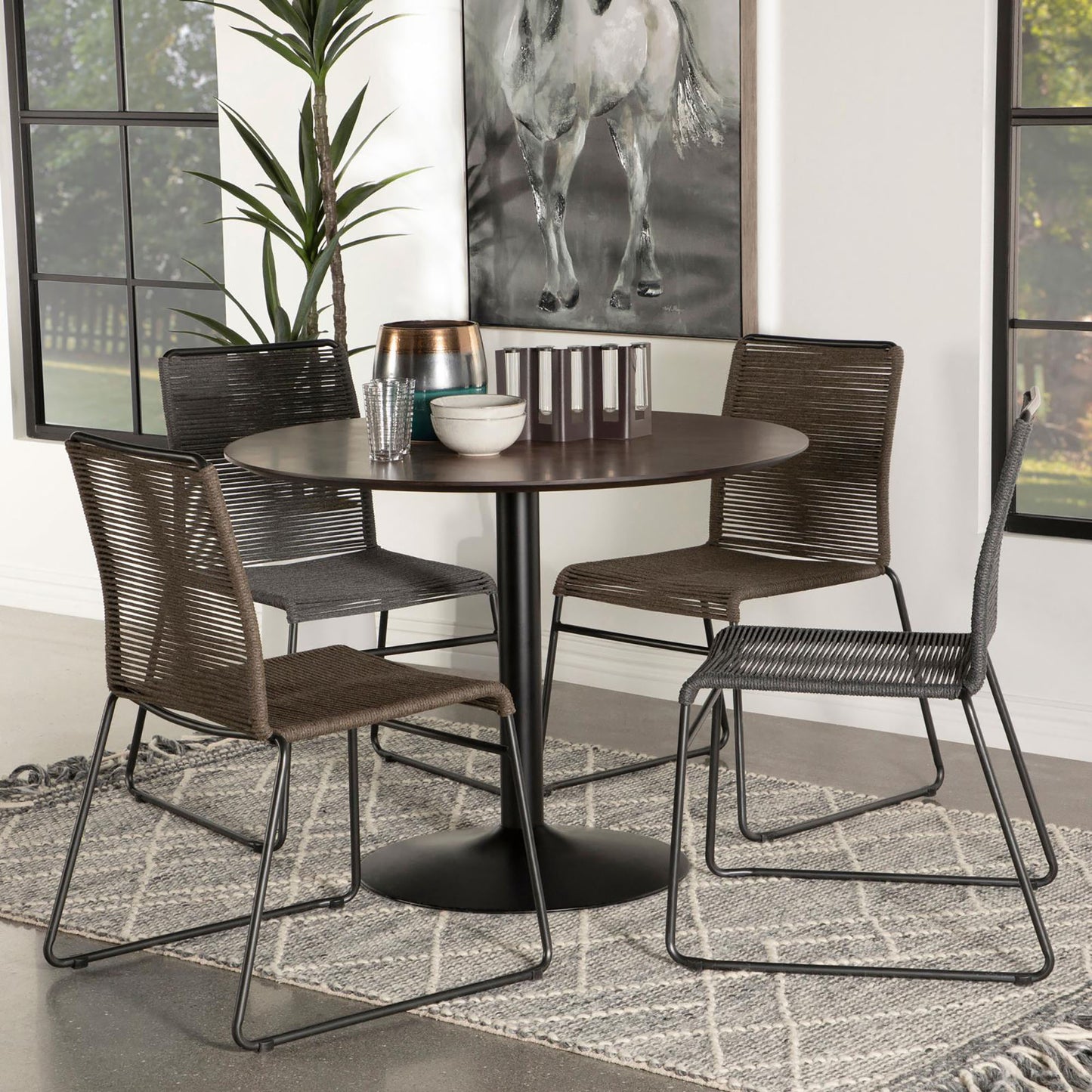 Round dining table with four woven rope chairs modern dining set