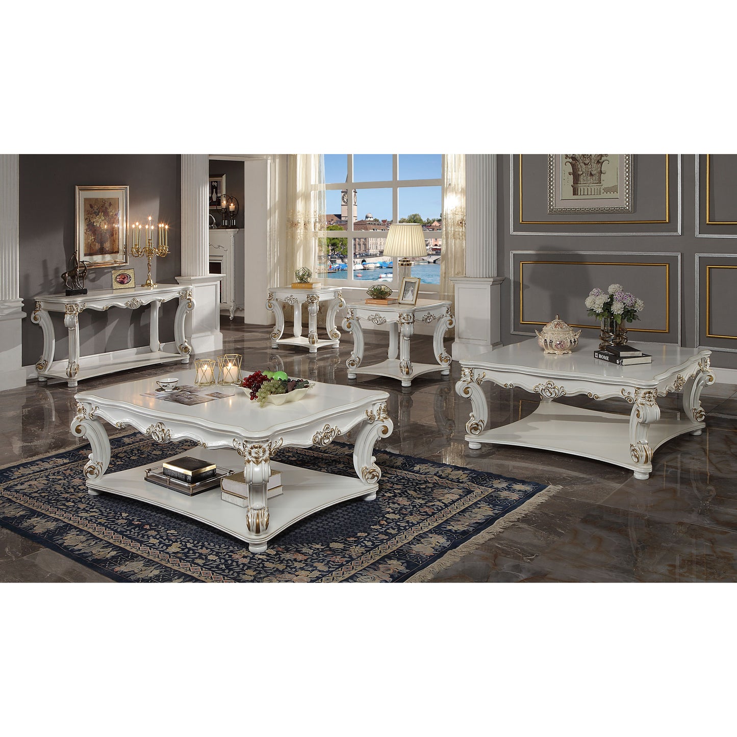 Ornate white baroque console table with gold accents and decorative legs