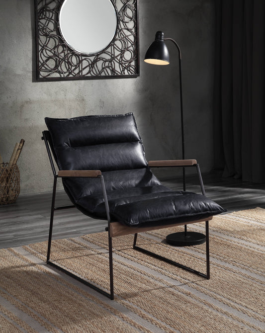 Comfortable black leather accent chair with a modern metal frame and wooden armrests