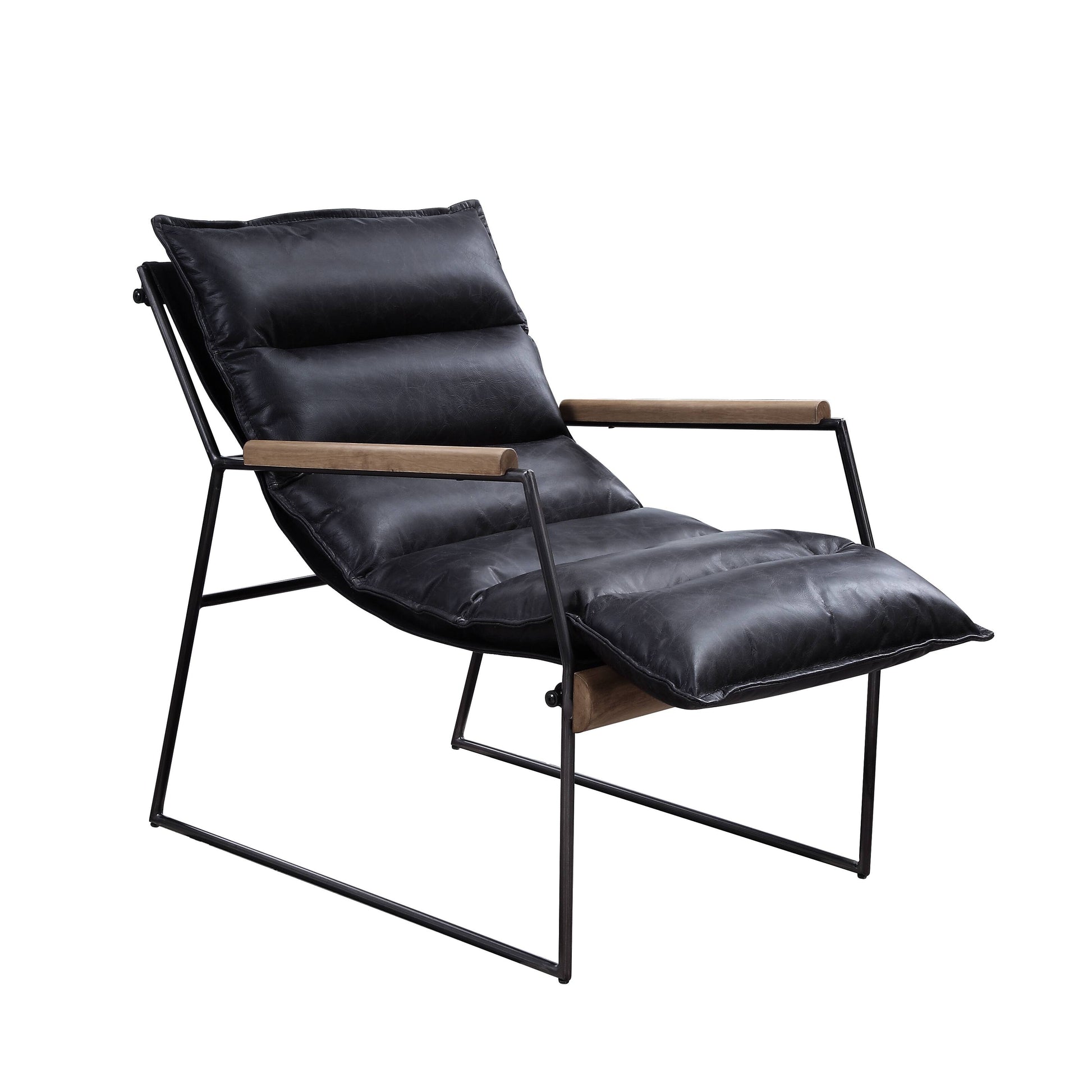 Black leather accent chair with wooden armrests and a metal frame