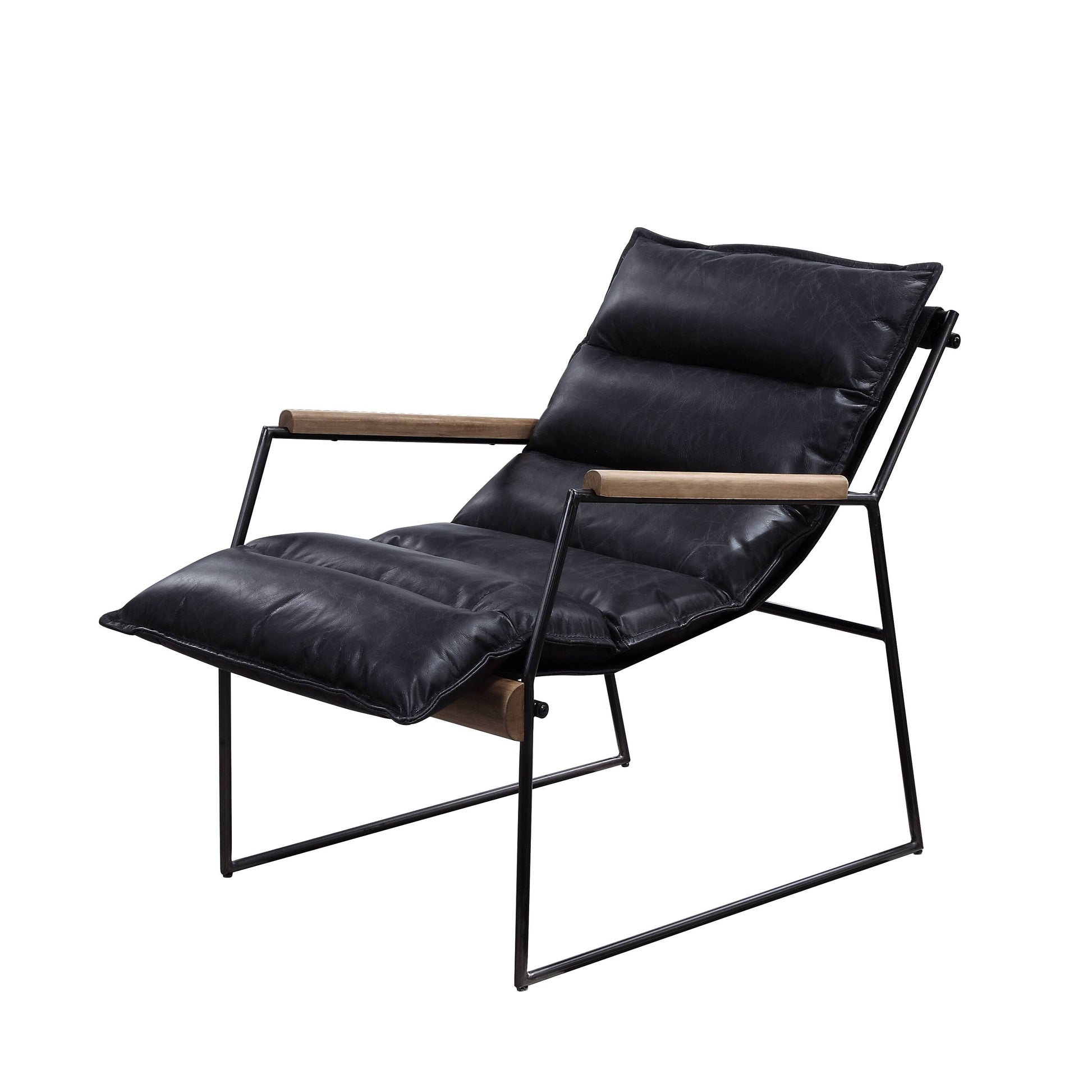 Black leather recliner chair with natural wood armrests and a sleek metal frame for modern living rooms