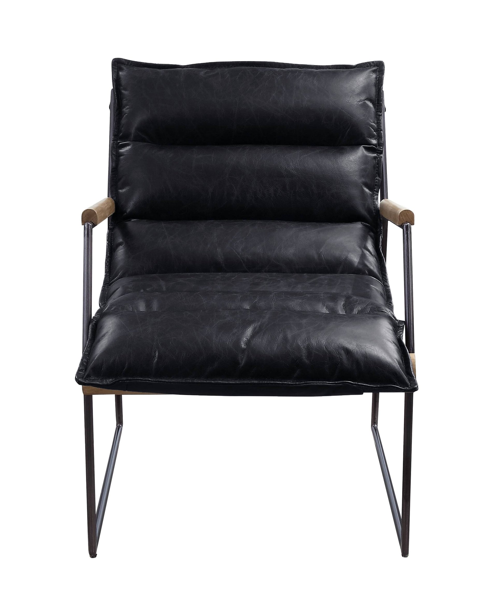 Black faux leather lounge chair with padded cushions and wooden armrests