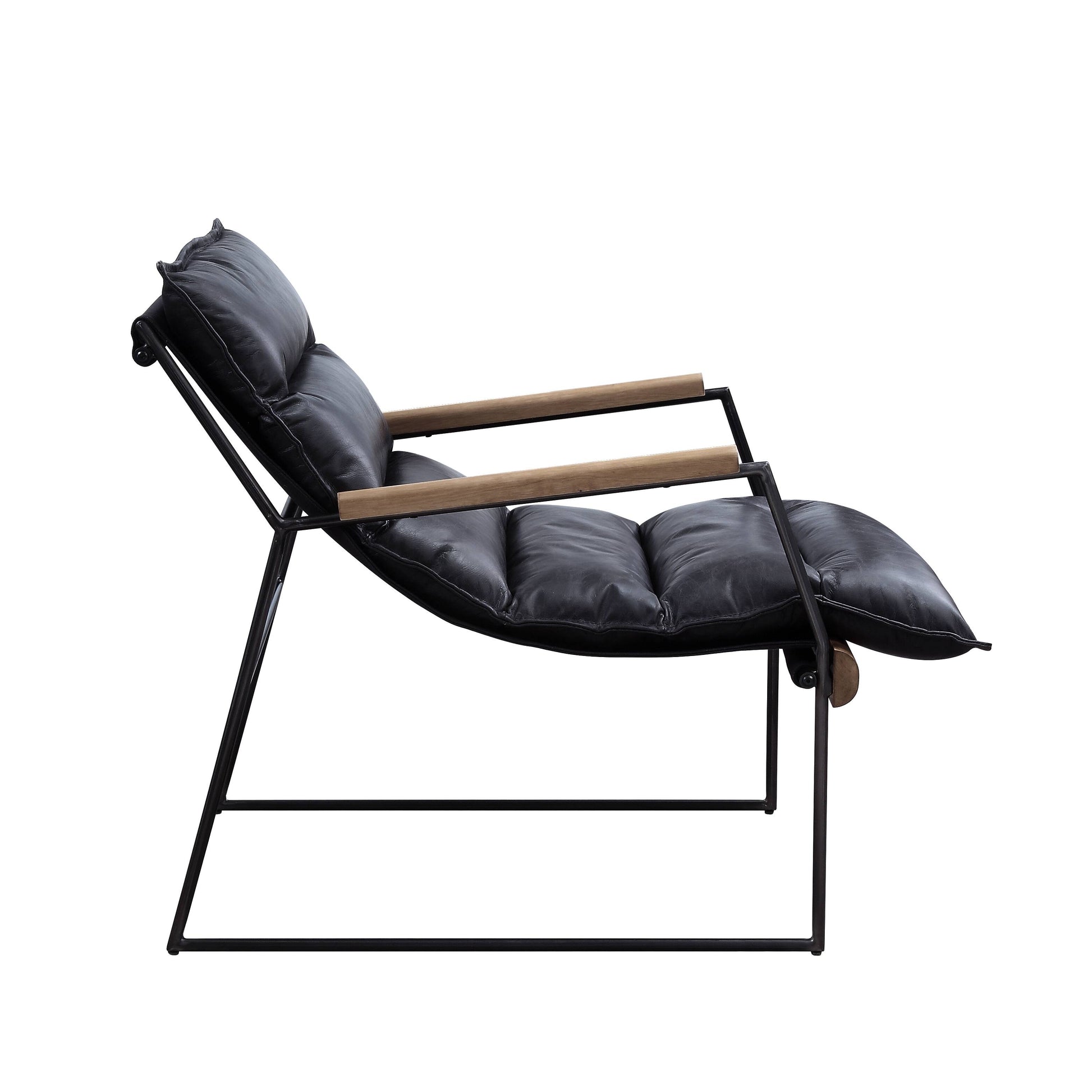 Black leather lounge chair with wood armrests and metal frame