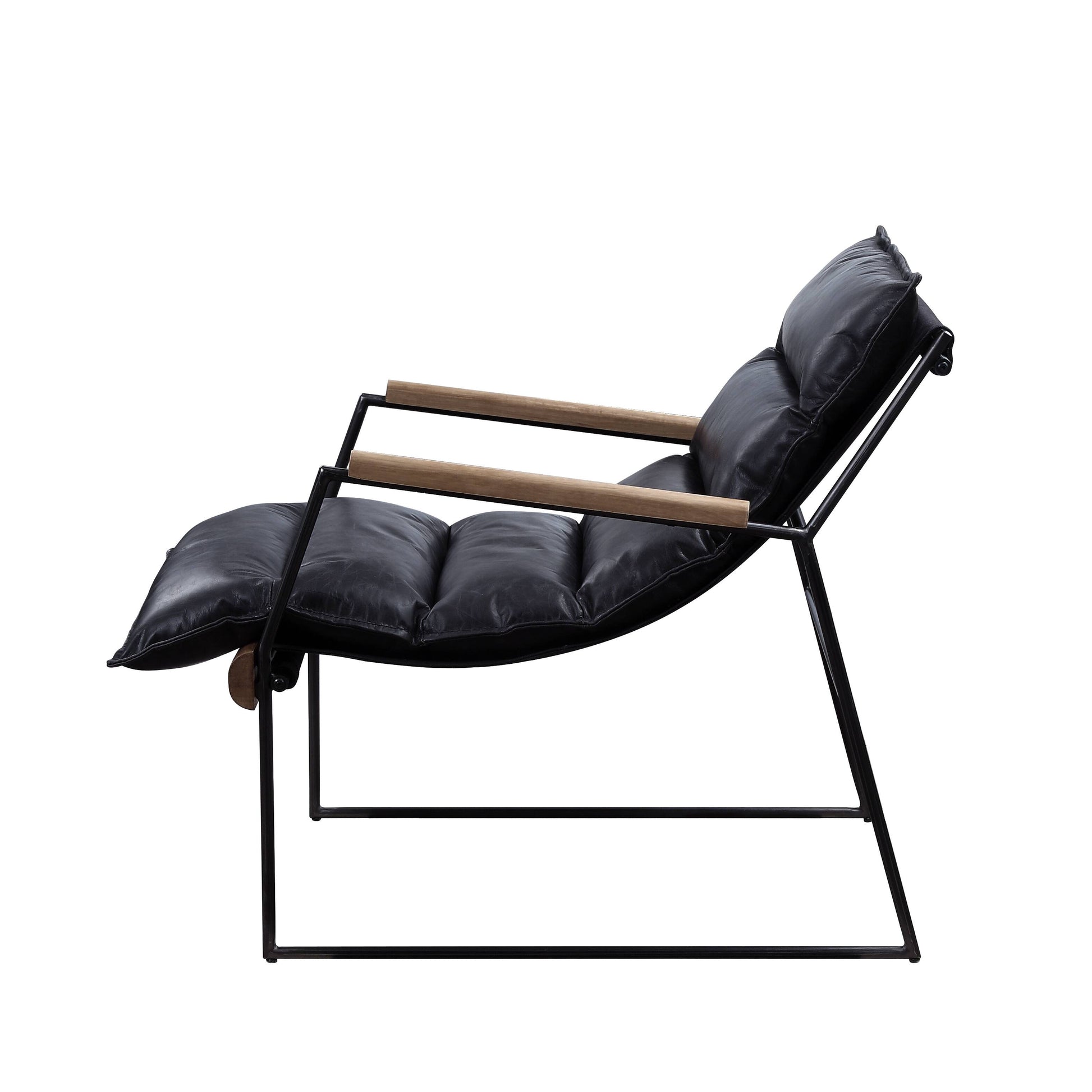Modern black leather lounge chair with natural wood armrests and metal frame