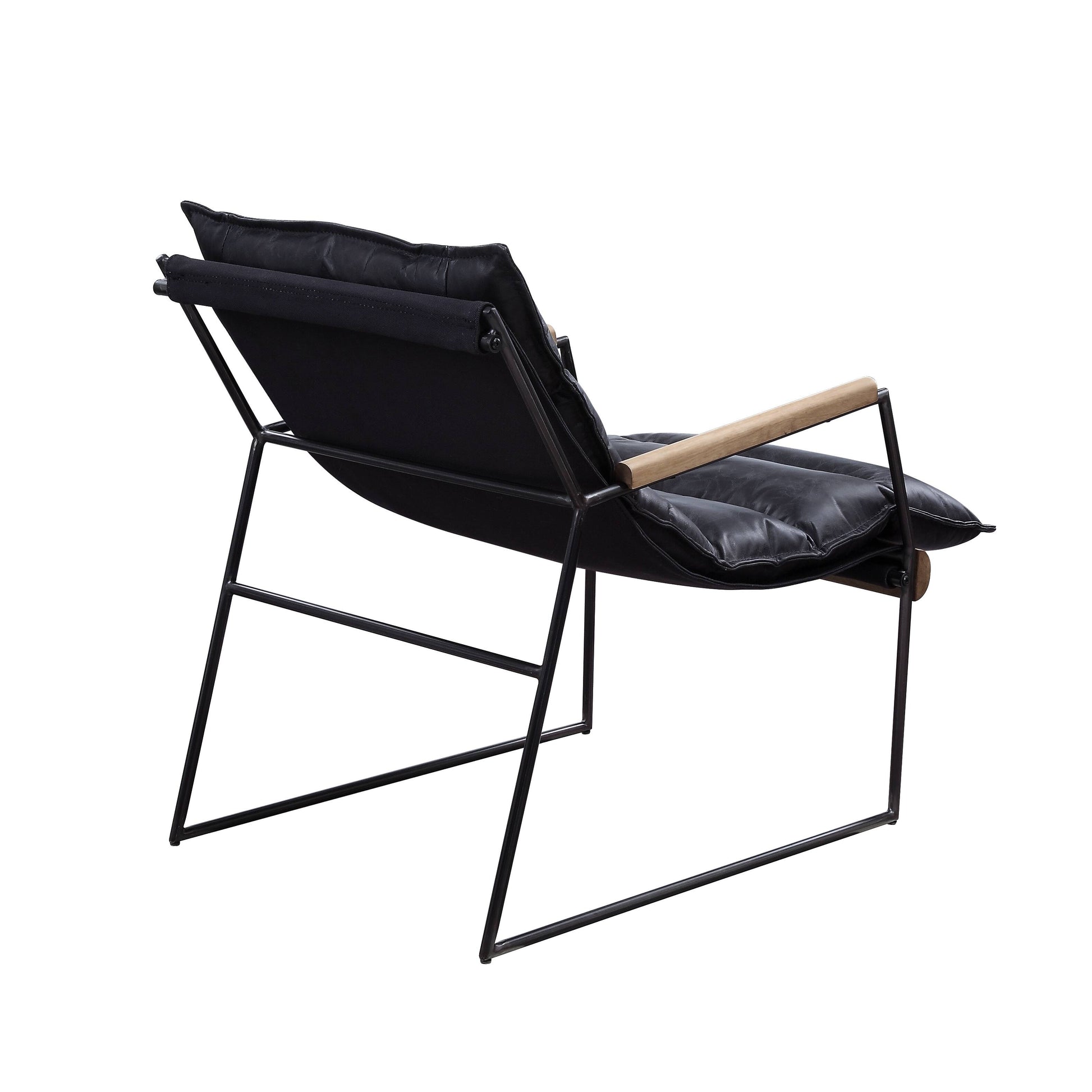 Black leather accent chair with a minimalist metal frame and natural wood armrests perfect for modern living rooms