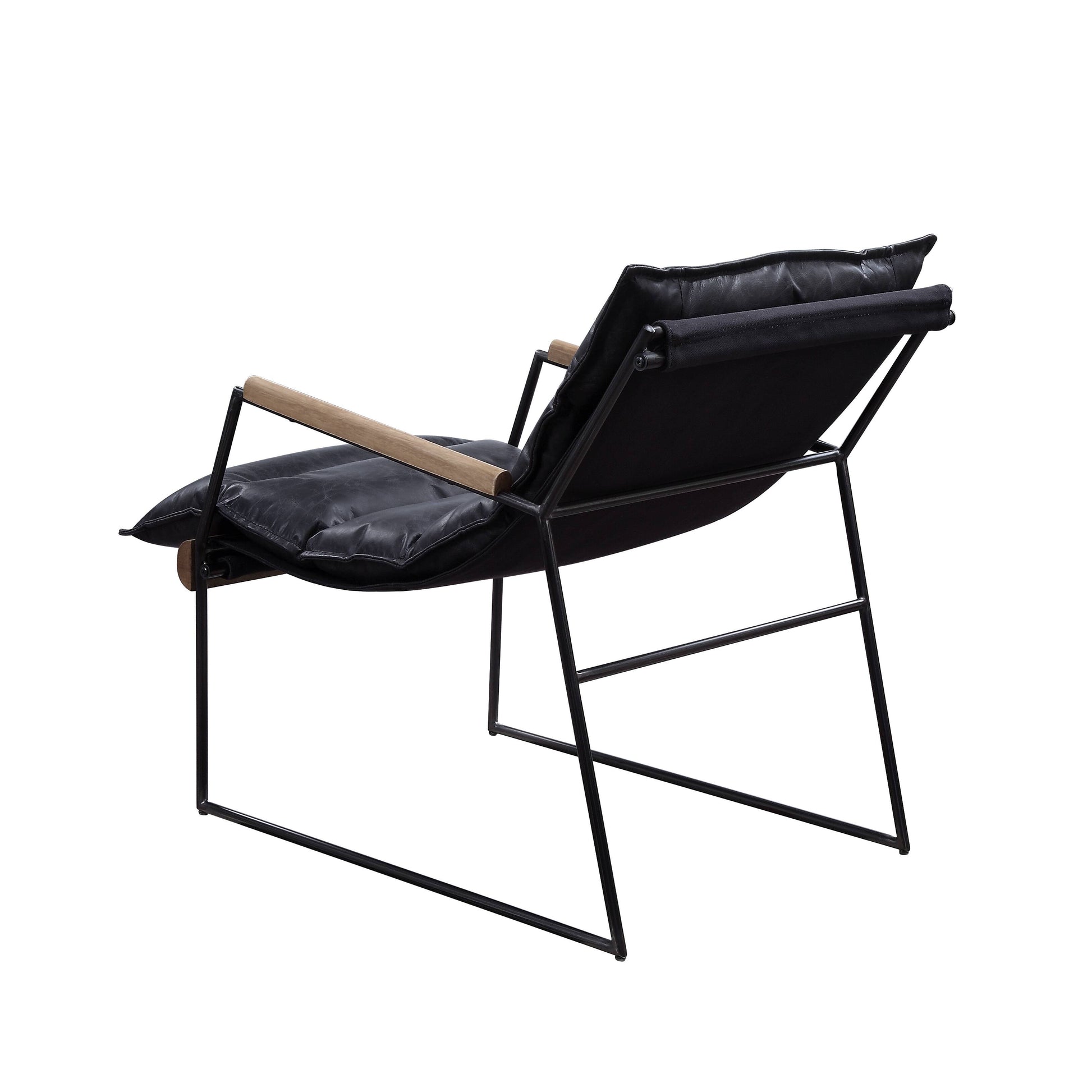 Black leather armchair with natural wood arms and a black metal frame contemporary accent chair