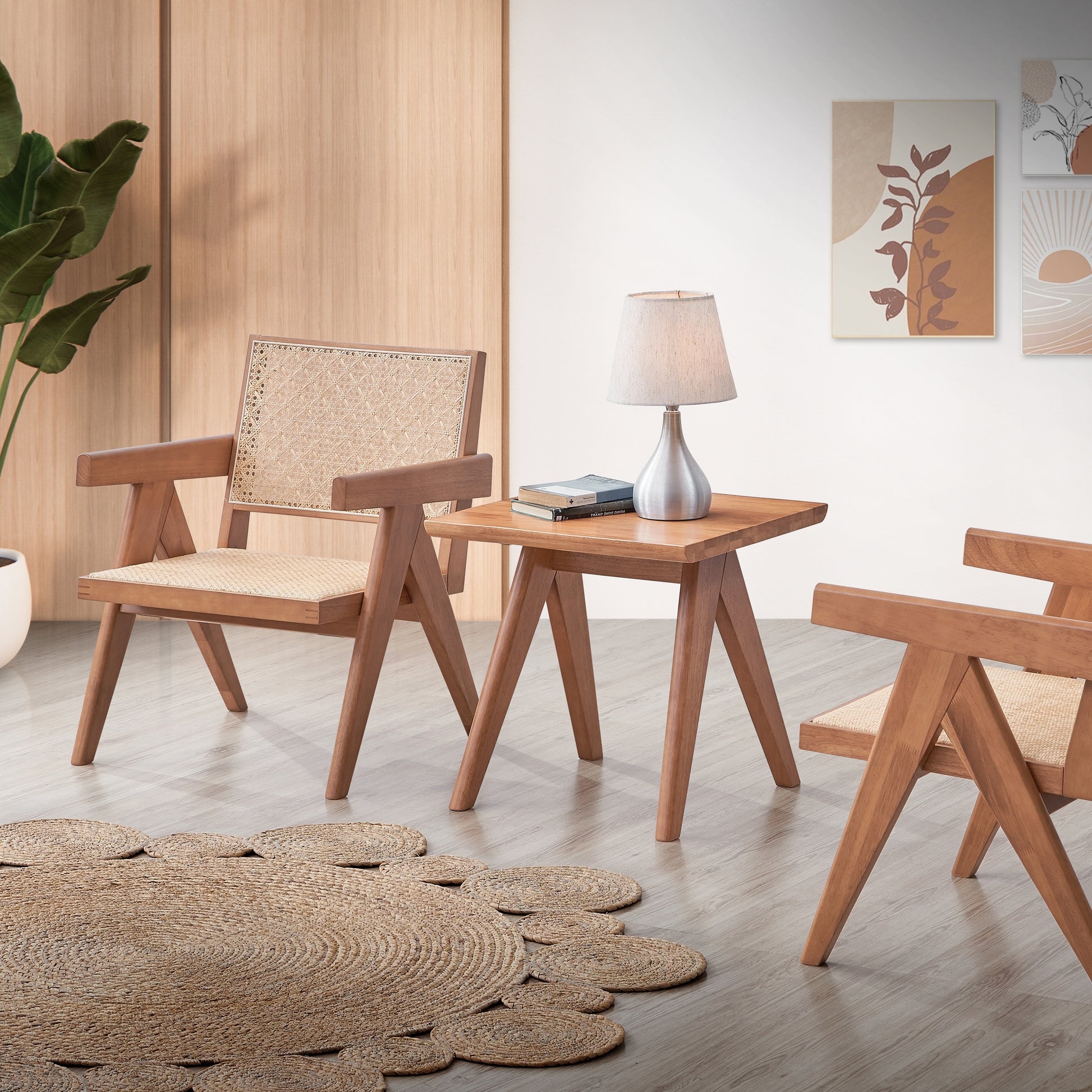 Wooden armchair with rattan seat and backrest natural wood finish modern accent chair