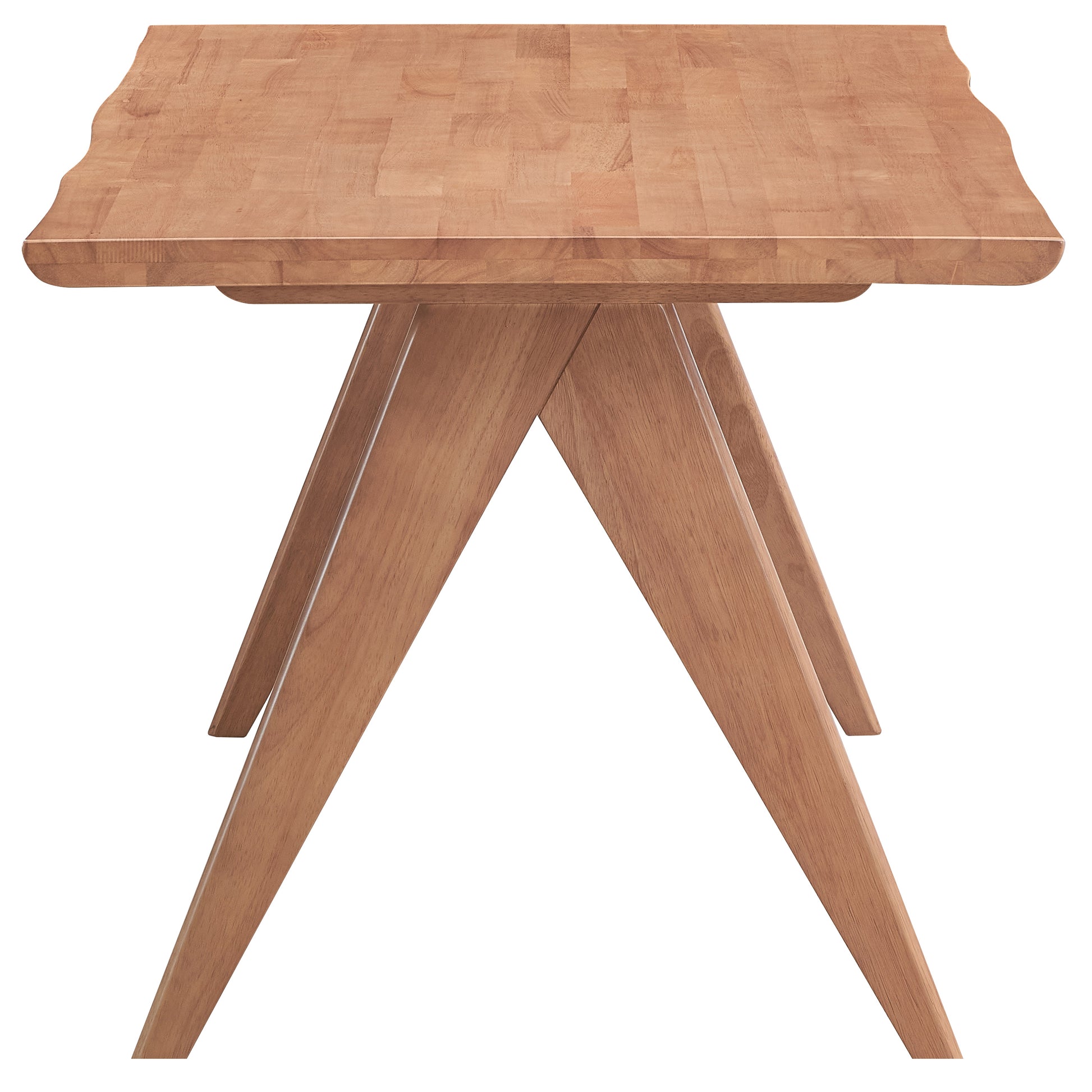 Wooden dining table with carved edges and unique angled legs