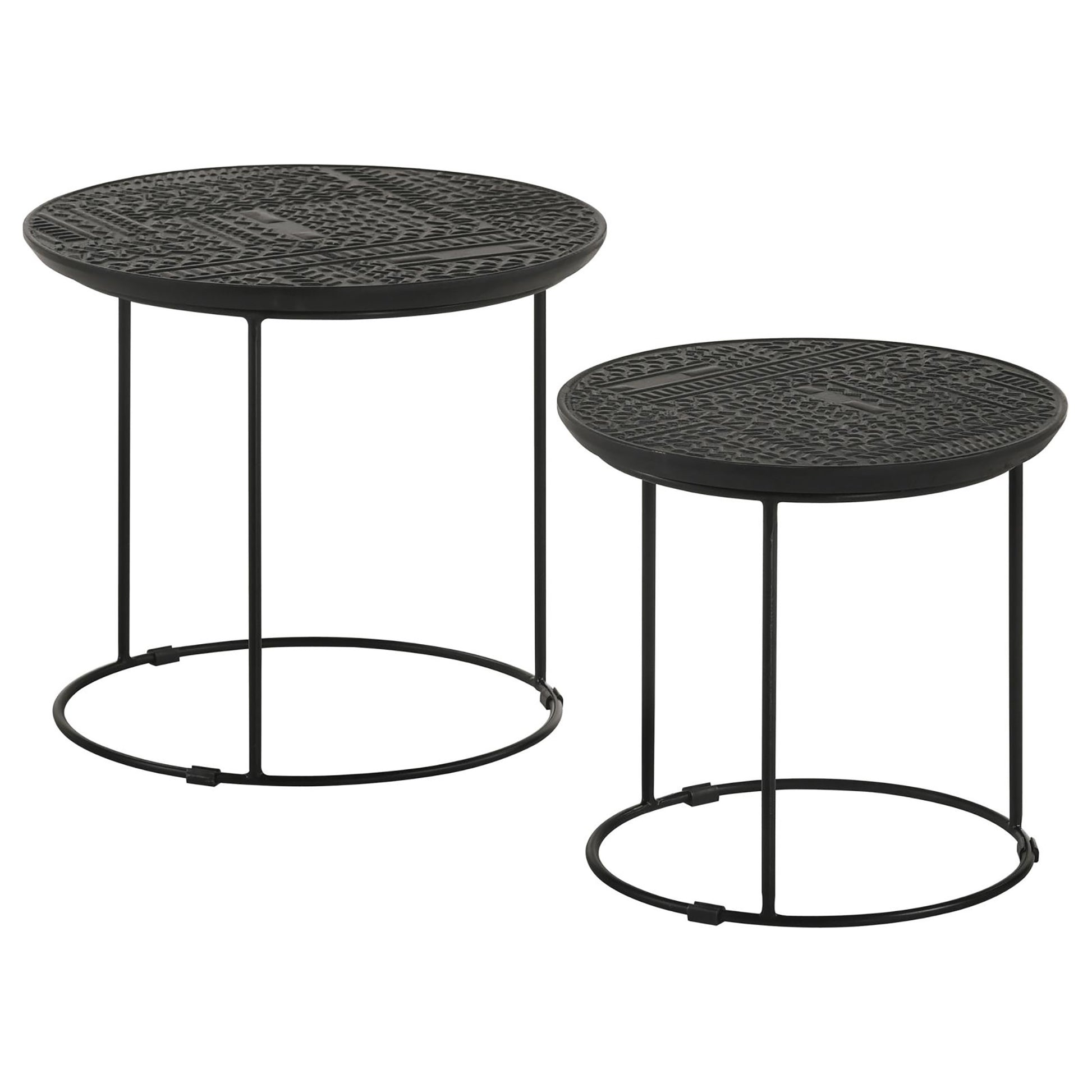 Set of two black metal nesting tables with intricate patterned tops and minimalist round bases ideal for modern living rooms