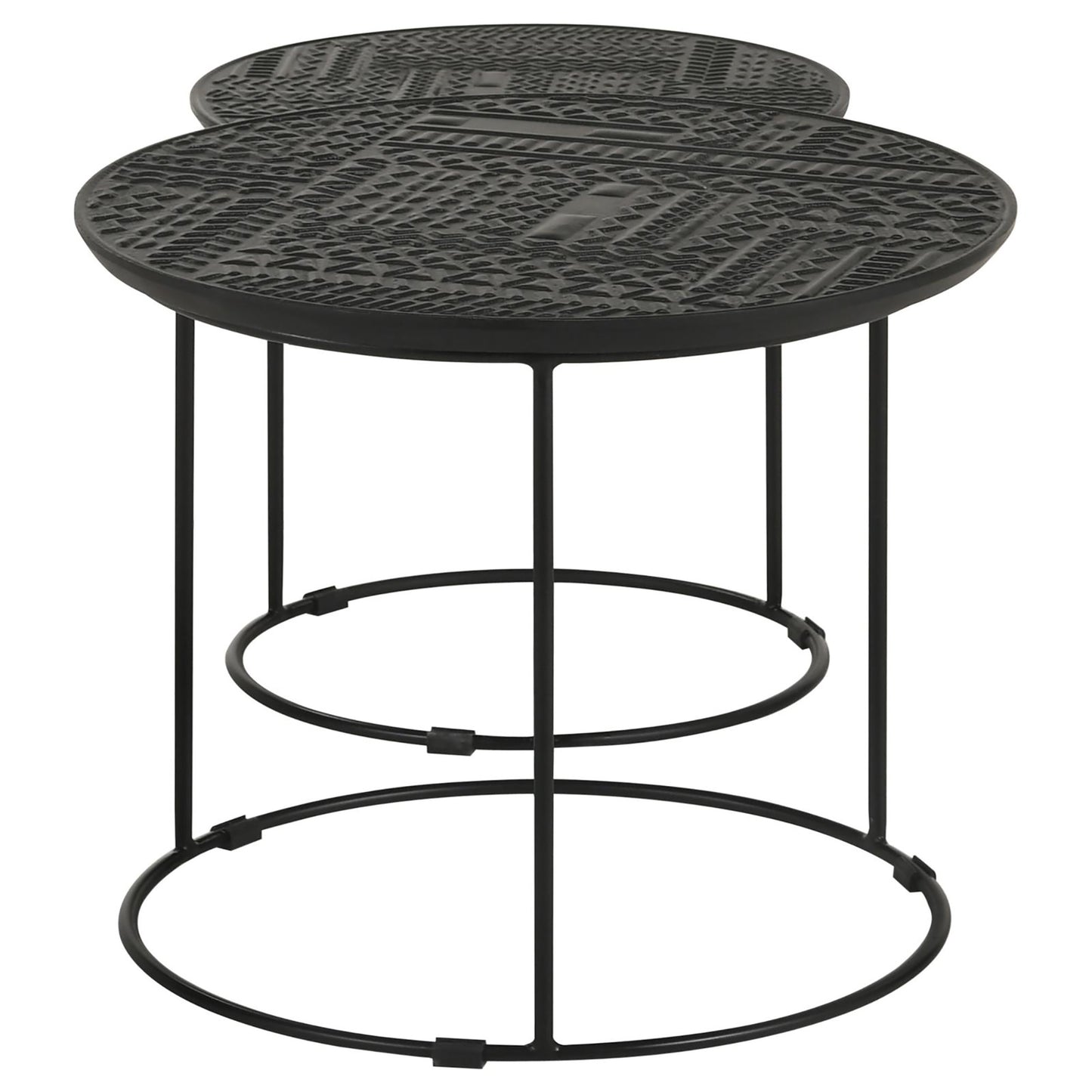 Round black metal side table with textured top and crisscross leg design