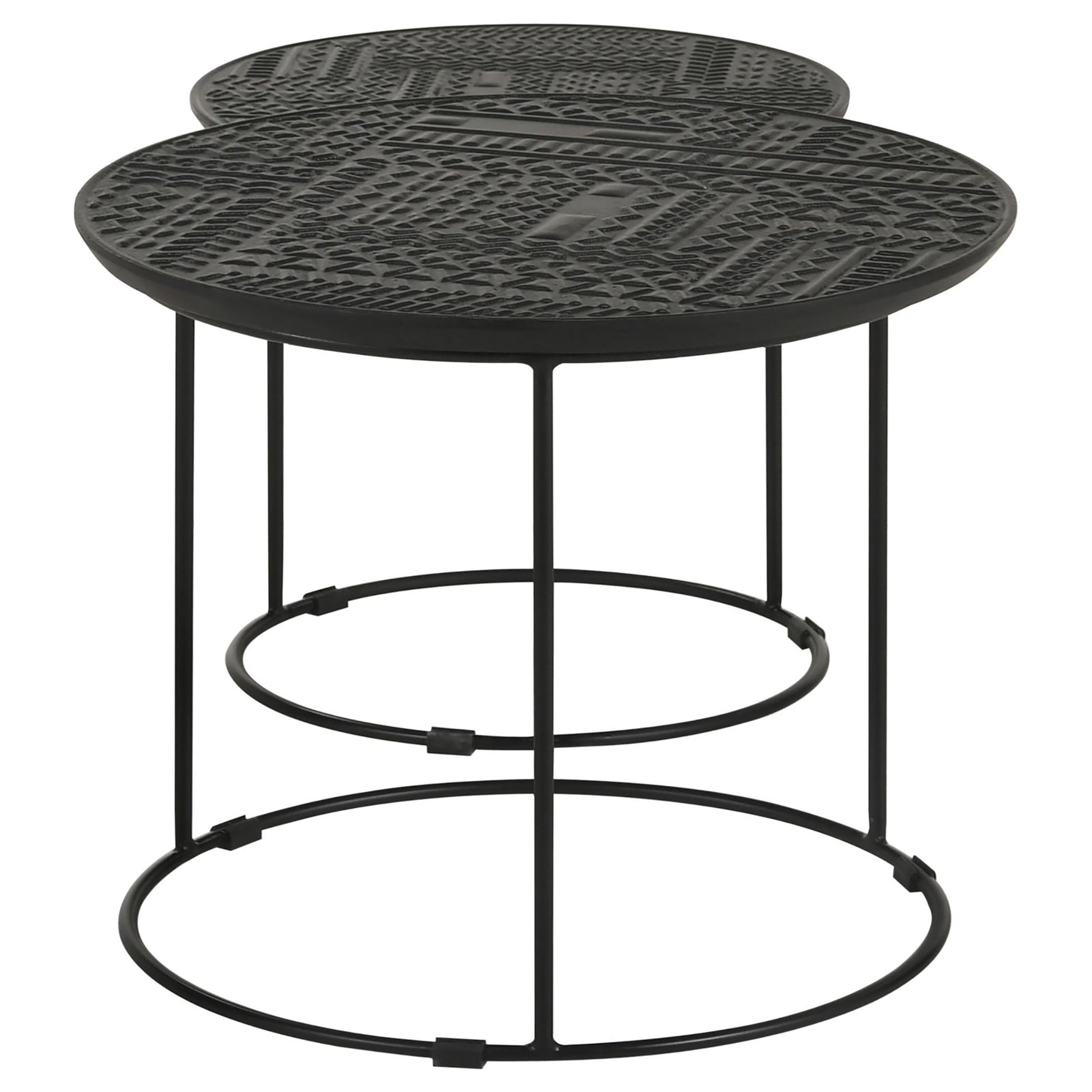 Round black metal side table with textured top and crisscross leg design