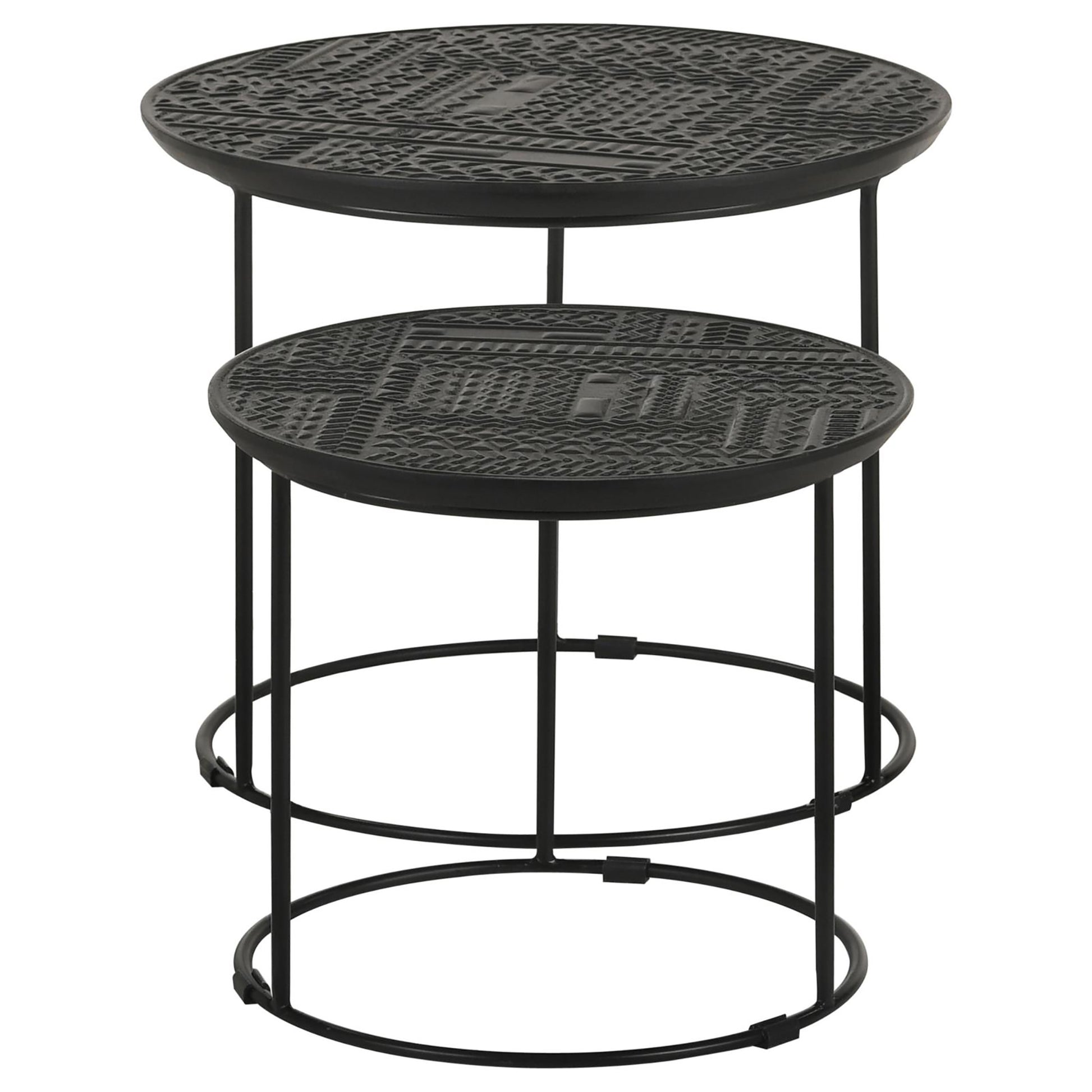 Two round black nesting side tables with textured tops and slim metal legs