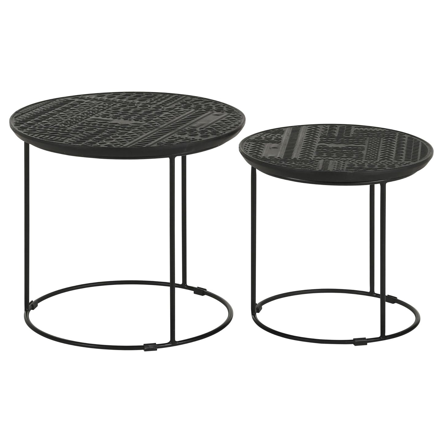 Two black metal round side tables with embossed geometric patterns on top