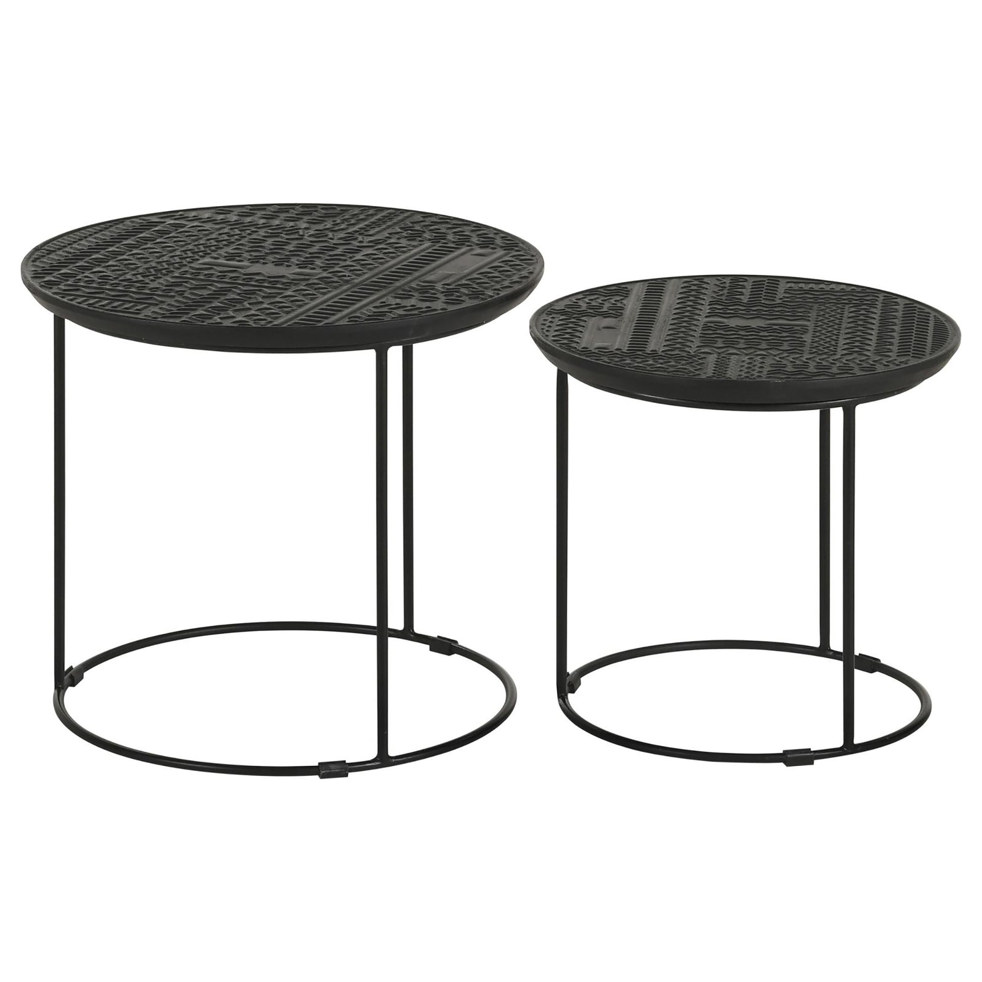 Two black metal round side tables with embossed geometric patterns on top