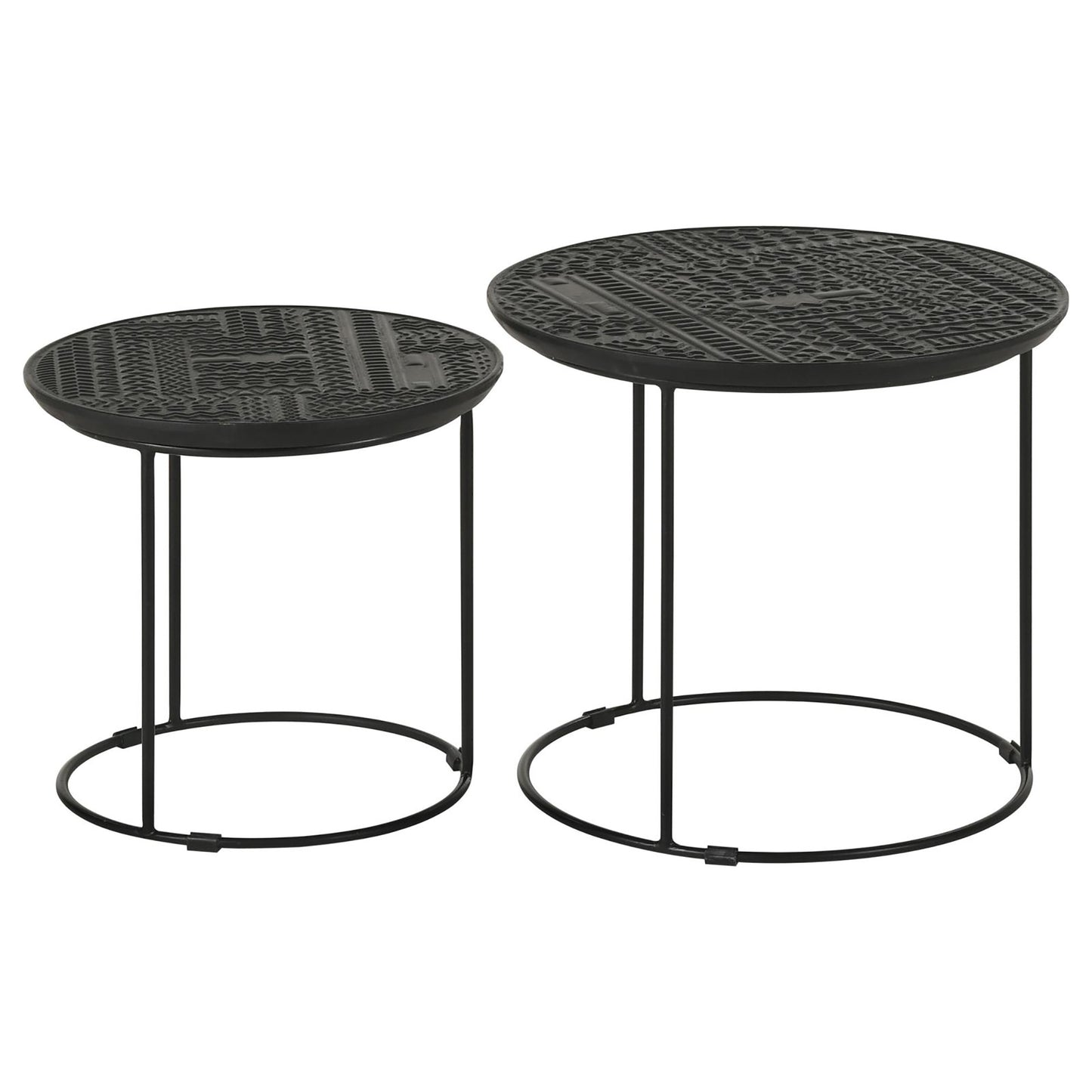 Pair of black metal nesting accent tables with intricate geometric embossed tops