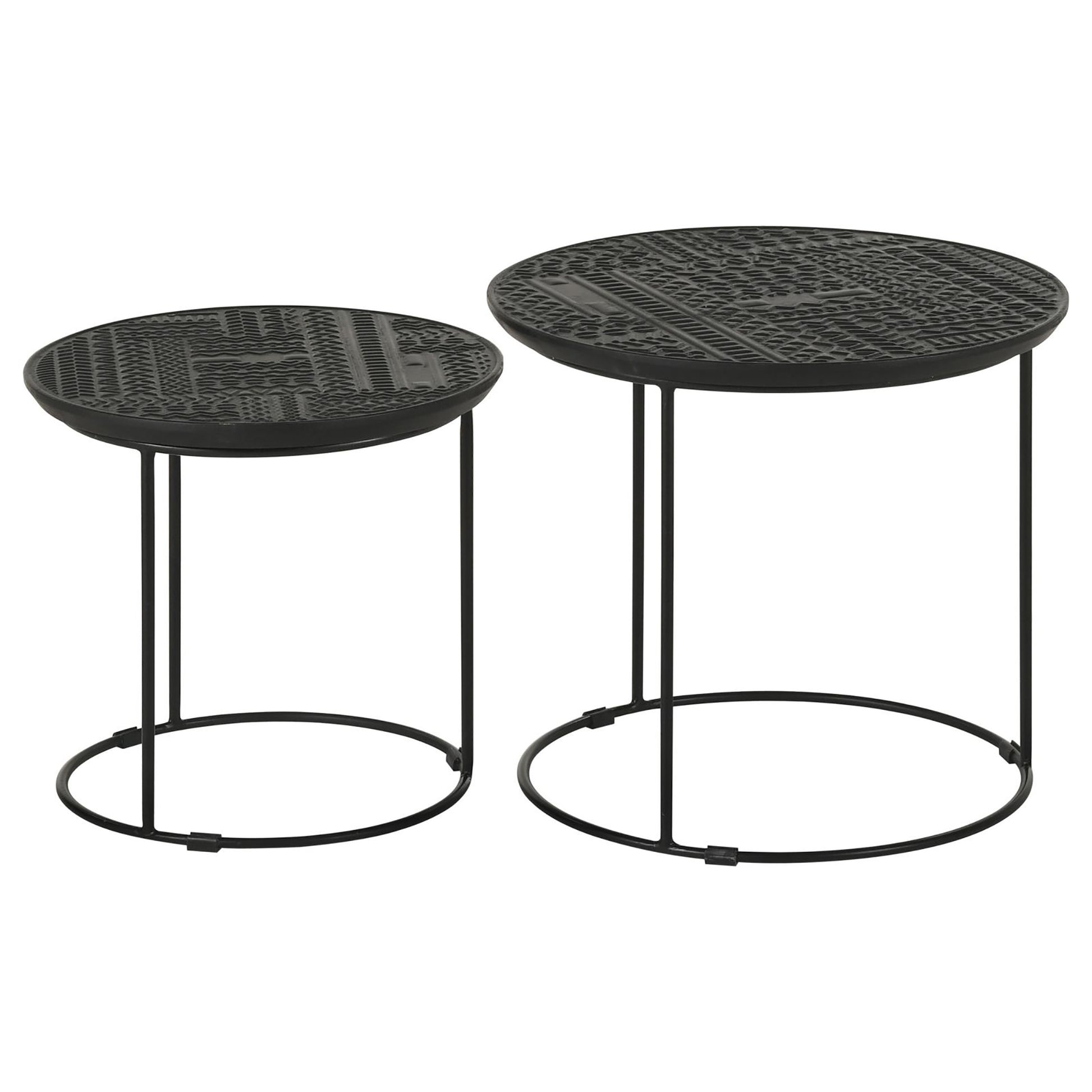 Pair of black metal nesting accent tables with intricate geometric embossed tops