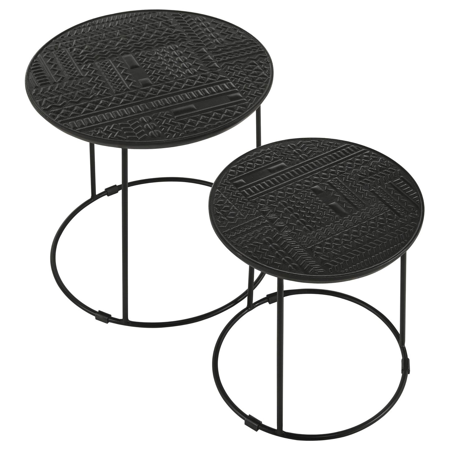 Set of two black nesting side tables with textured geometric patterned tops