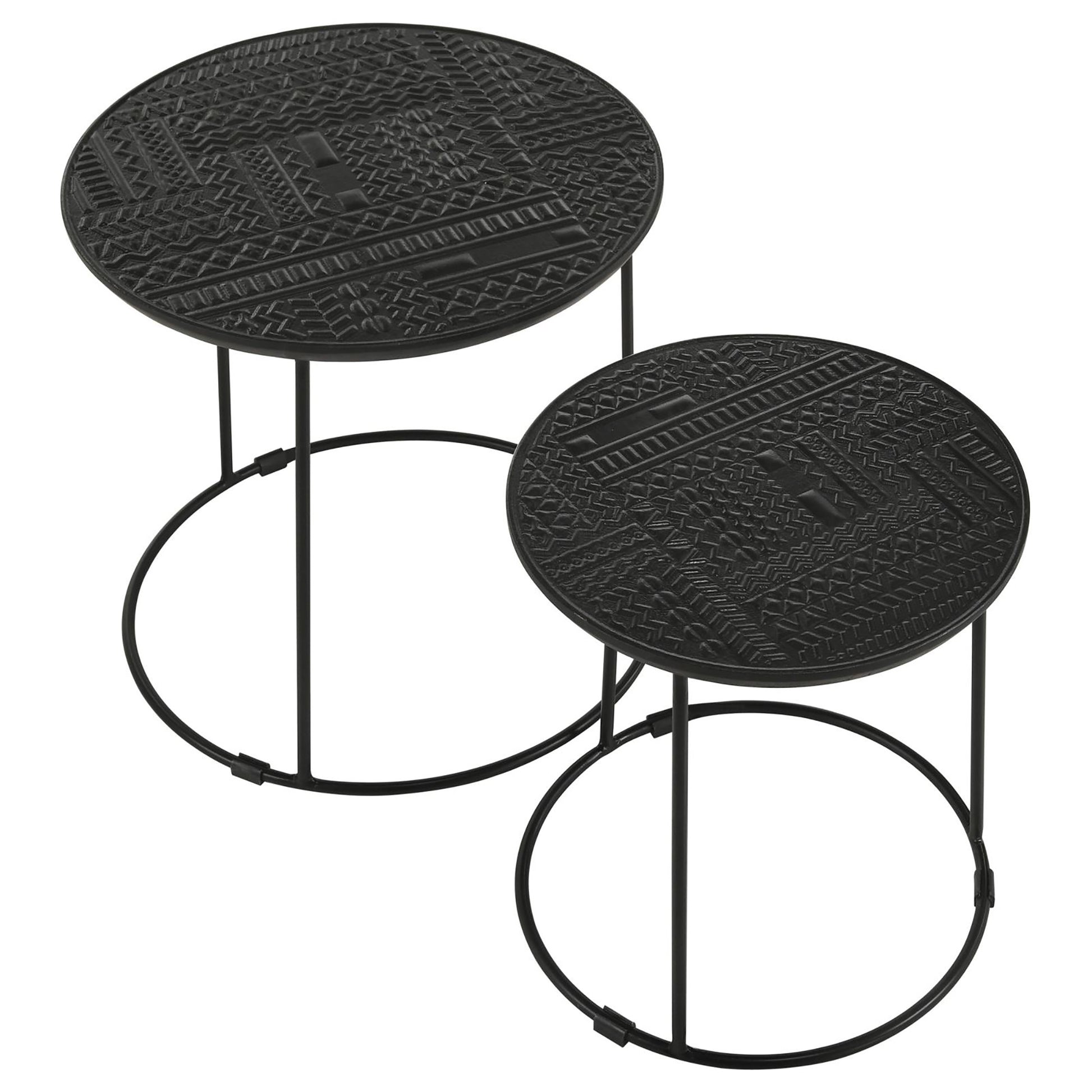 Set of two black nesting side tables with textured geometric patterned tops
